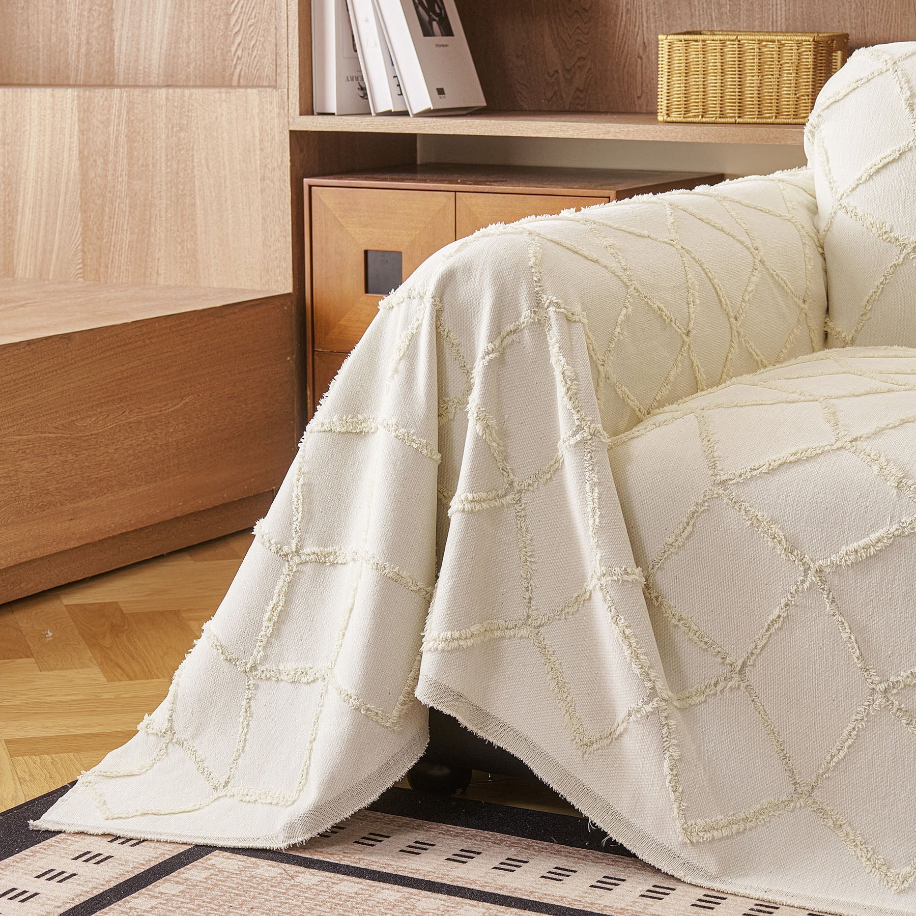 Soft Chenille Sofa Throw Cover, Raised Geometric Texture Furniture Protector Blanket