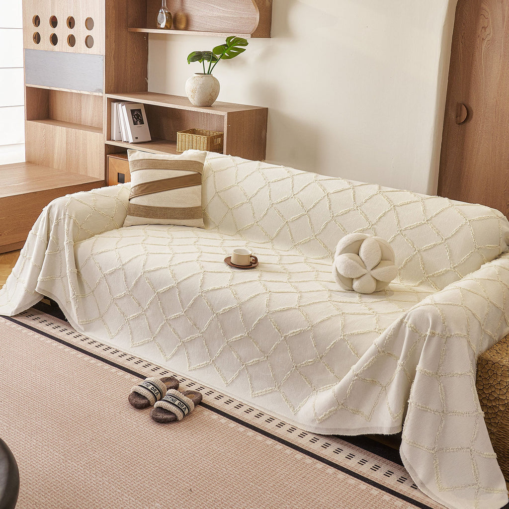 Soft Chenille Sofa Throw Cover, Raised Geometric Texture Furniture Protector Blanket