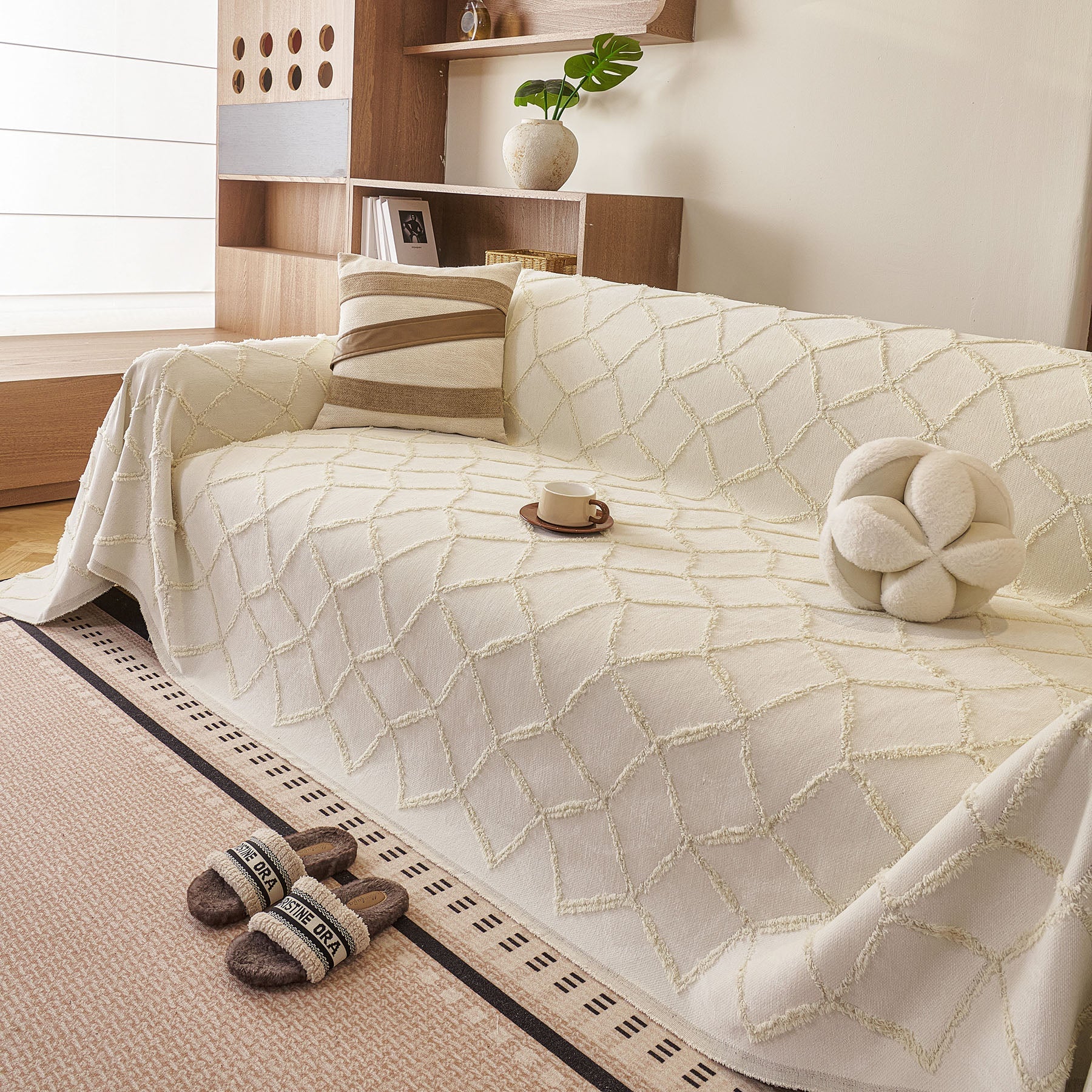 Soft Chenille Sofa Throw Cover, Raised Geometric Texture Furniture Protector Blanket