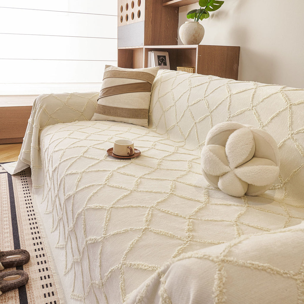 Soft Chenille Sofa Throw Cover, Raised Geometric Texture Furniture Protector Blanket