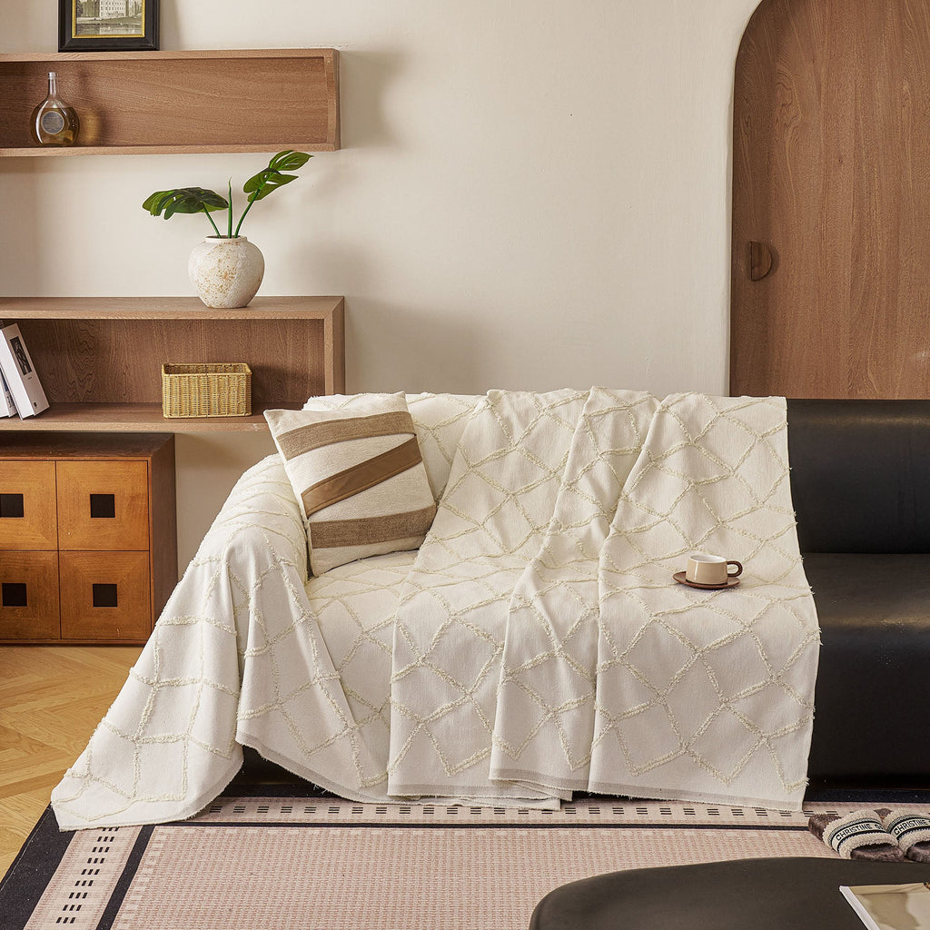 Soft Chenille Sofa Throw Cover, Raised Geometric Texture Furniture Protector Blanket