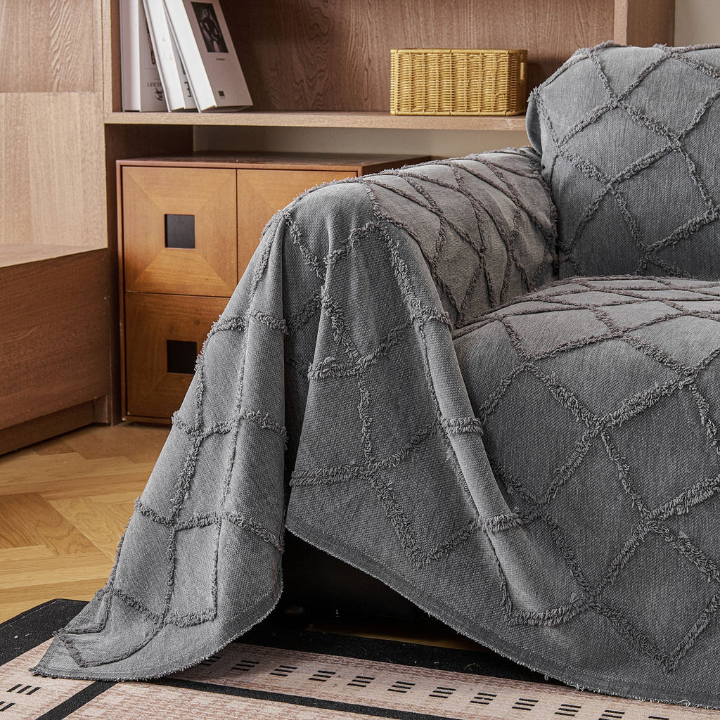 Soft Chenille Sofa Throw Cover, Raised Geometric Texture Furniture Protector Blanket