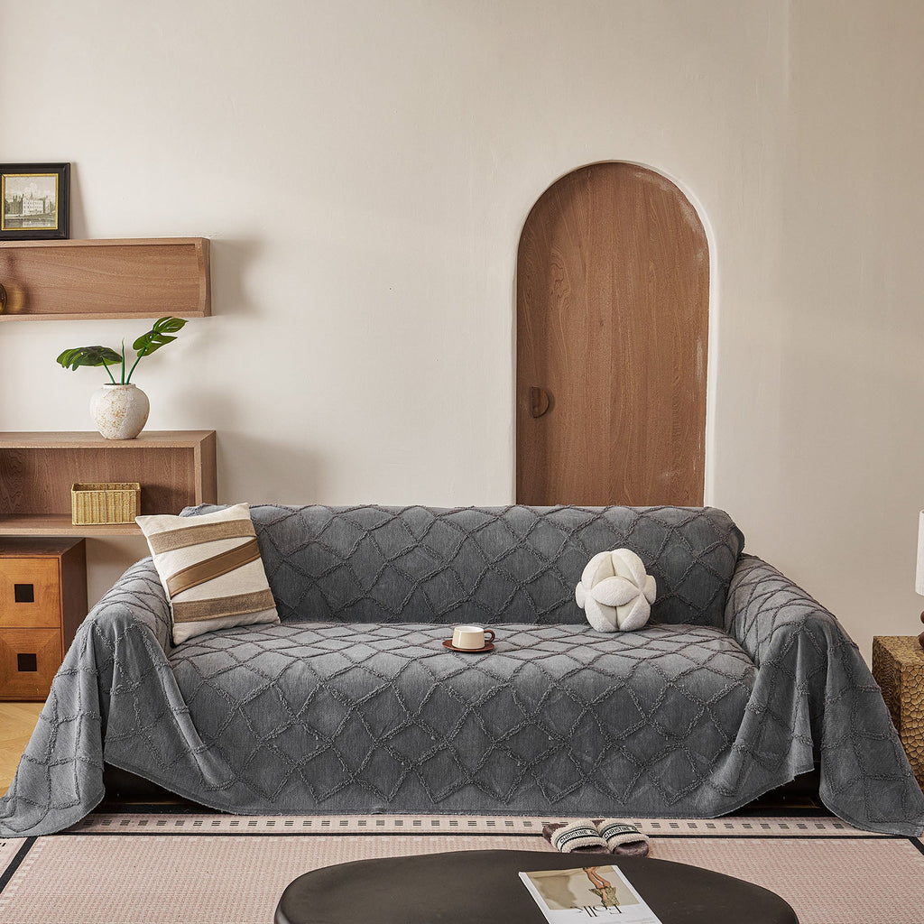 Soft Chenille Sofa Throw Cover, Raised Geometric Texture Furniture Protector Blanket