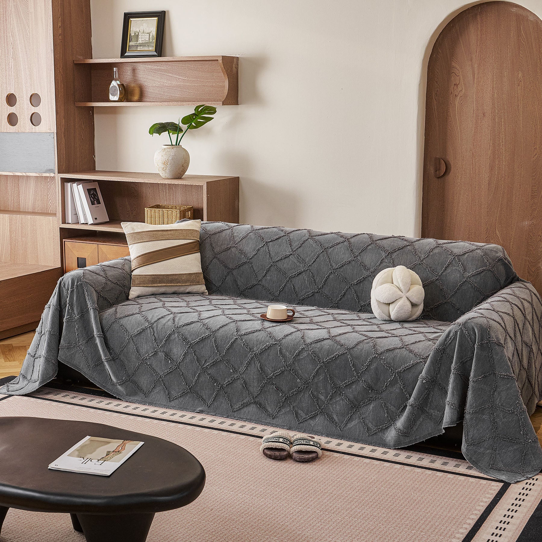 Soft Chenille Sofa Throw Cover, Raised Geometric Texture Furniture Protector Blanket