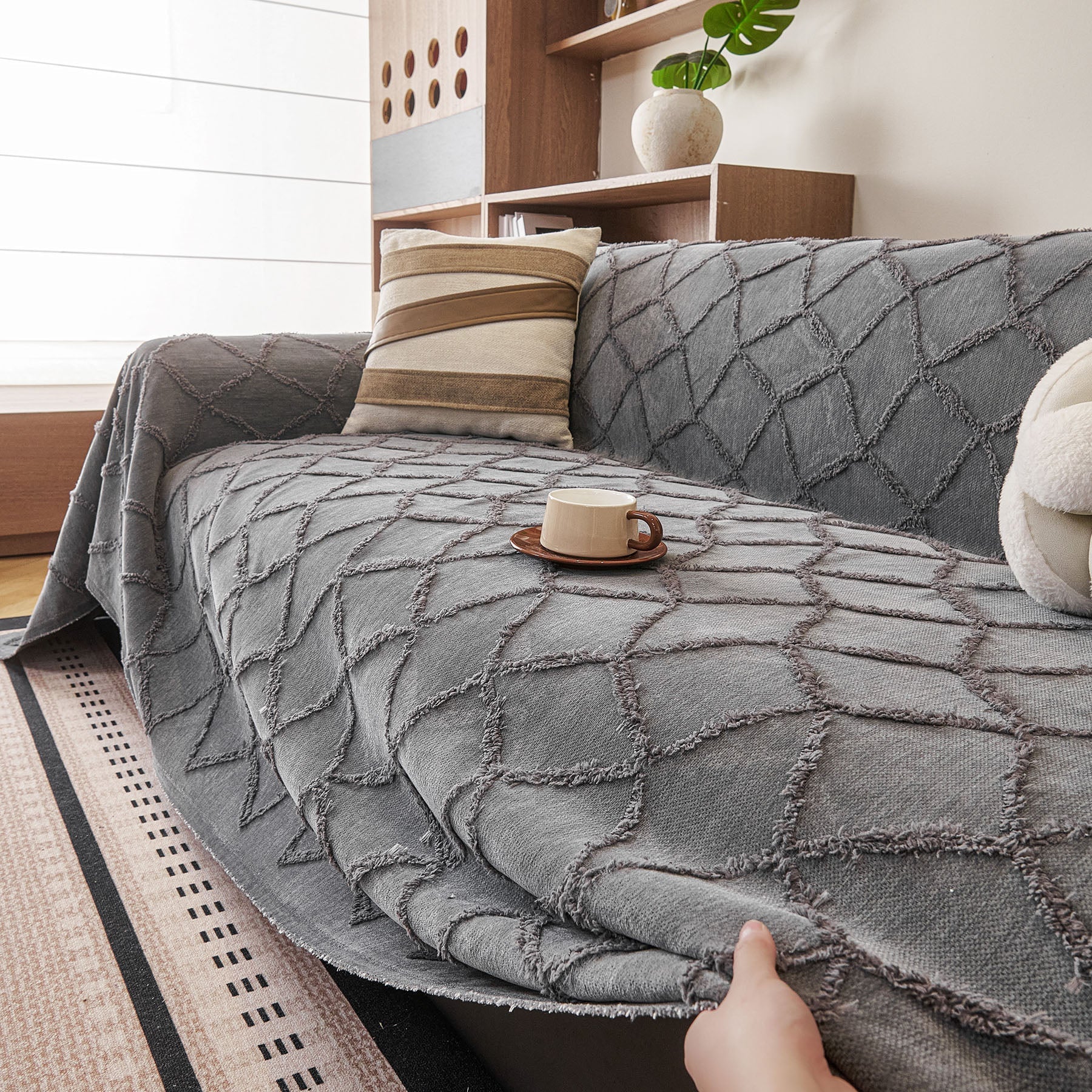 Soft Chenille Sofa Throw Cover, Raised Geometric Texture Furniture Protector Blanket