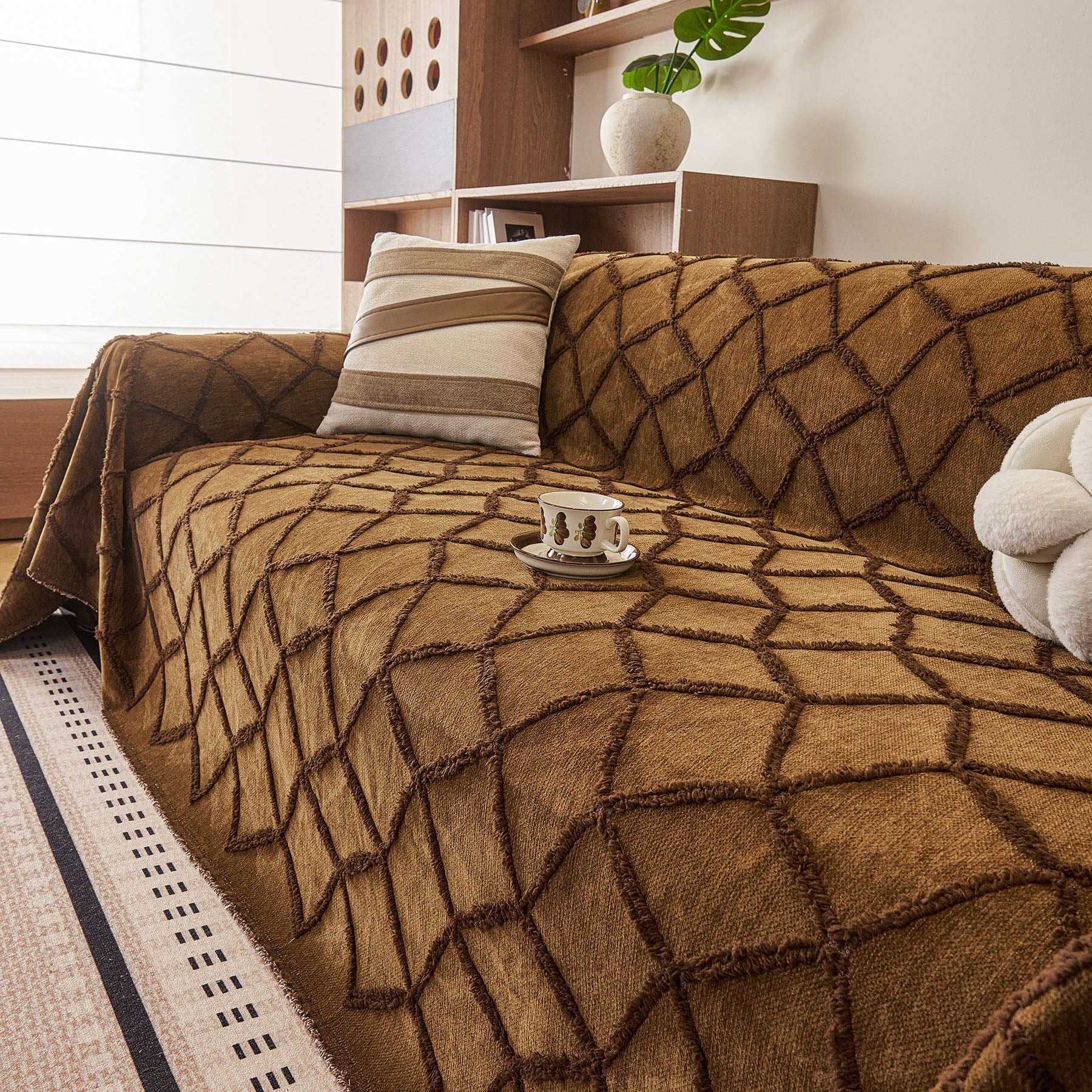 Soft Chenille Sofa Throw Cover, Raised Geometric Texture Furniture Protector Blanket