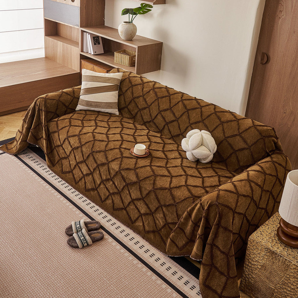 Soft Chenille Sofa Throw Cover, Raised Geometric Texture Furniture Protector Blanket