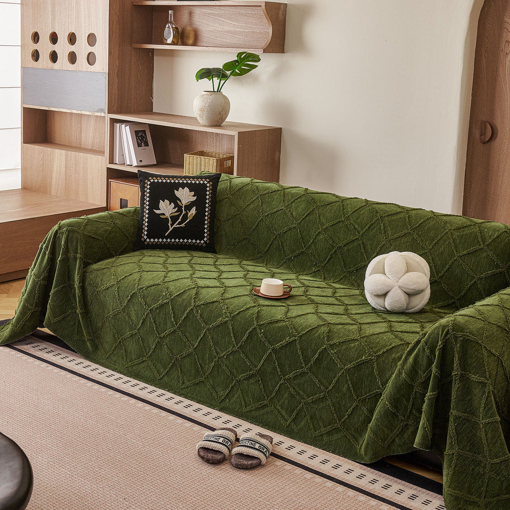 Soft Chenille Sofa Throw Cover, Raised Geometric Texture Furniture Protector Blanket