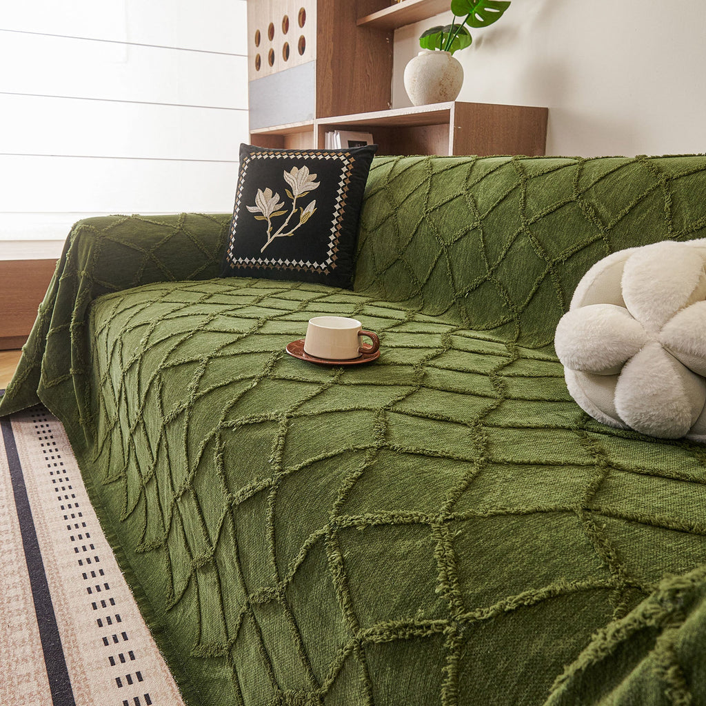 Soft Chenille Sofa Throw Cover, Raised Geometric Texture Furniture Protector Blanket