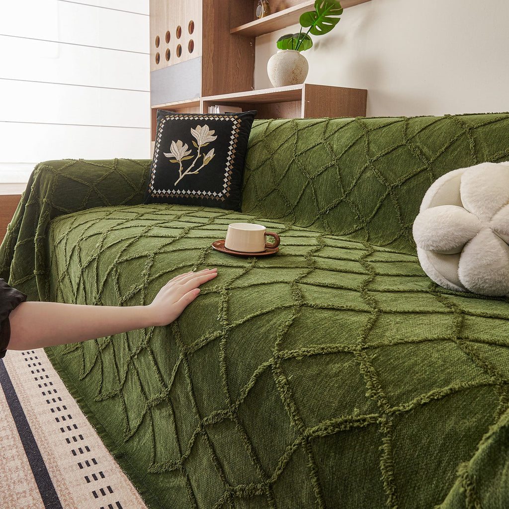 Soft Chenille Sofa Throw Cover, Raised Geometric Texture Furniture Protector Blanket
