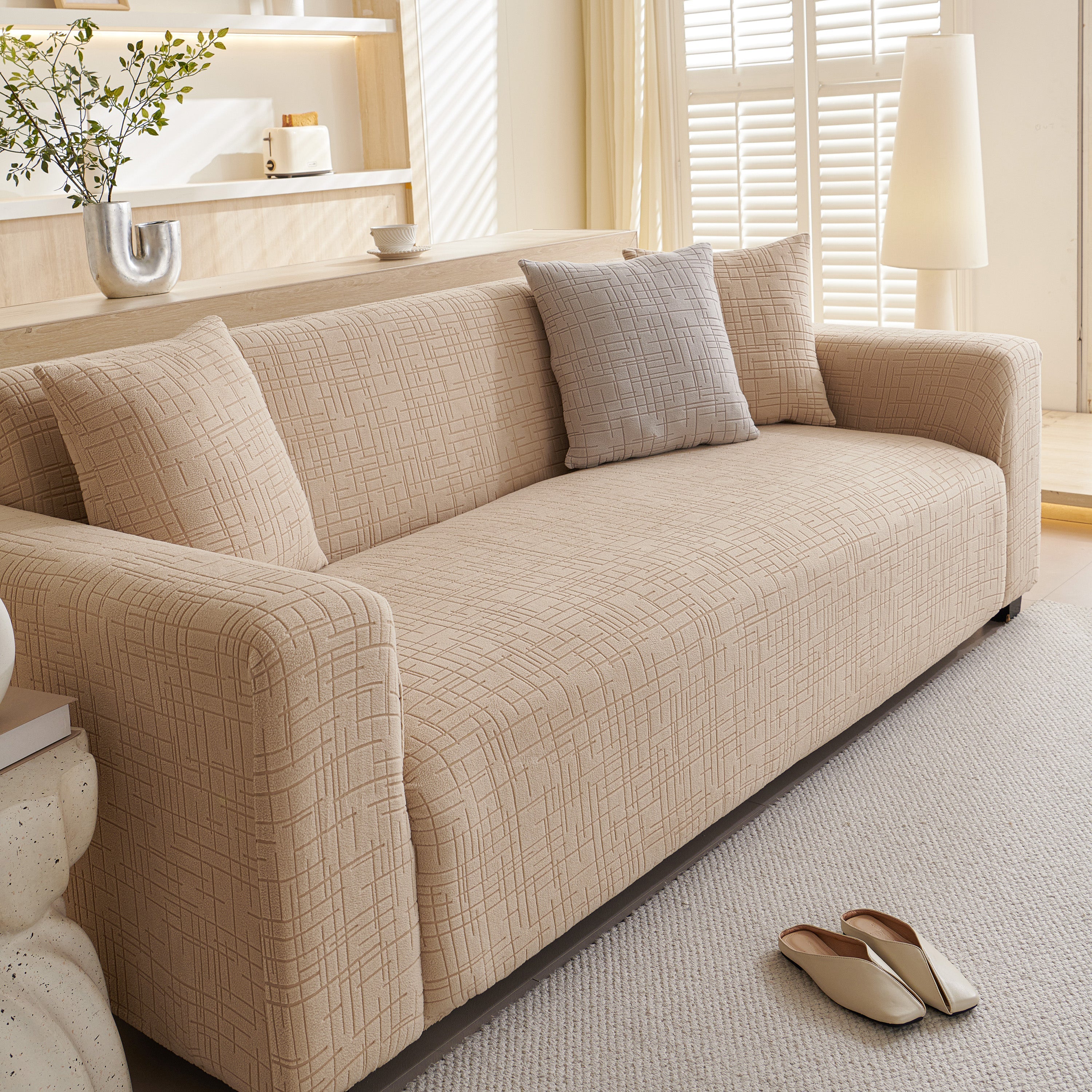 Embossed Lines Couch Covers Stretchable Non-Slip & Washable Sofa Slipcovers