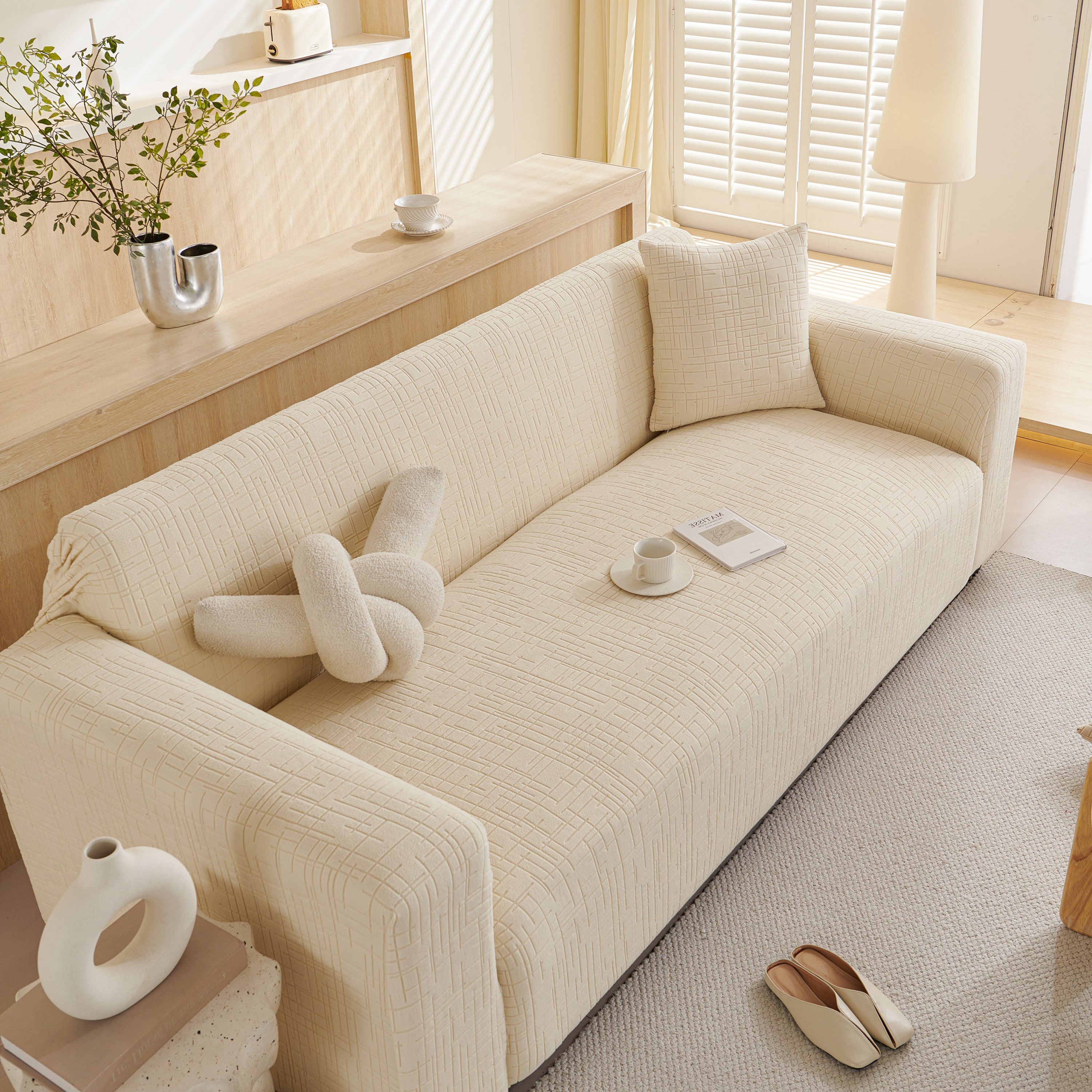 Embossed Lines Couch Covers Stretchable Non-Slip & Washable Sofa Slipcovers