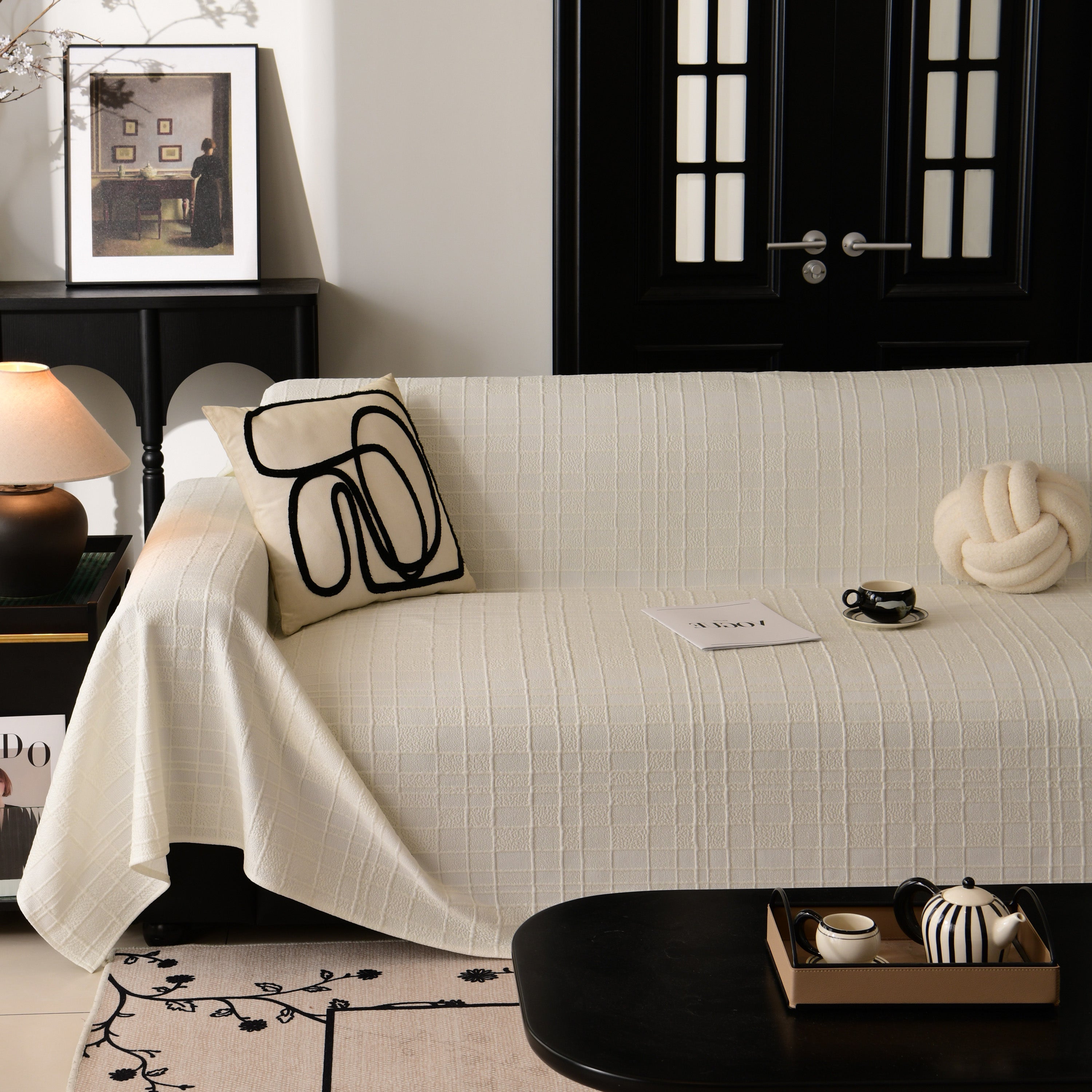 Sofa Cover Throw with Subtle Textured Stripes Lightweight Smooth Couch Slipcover