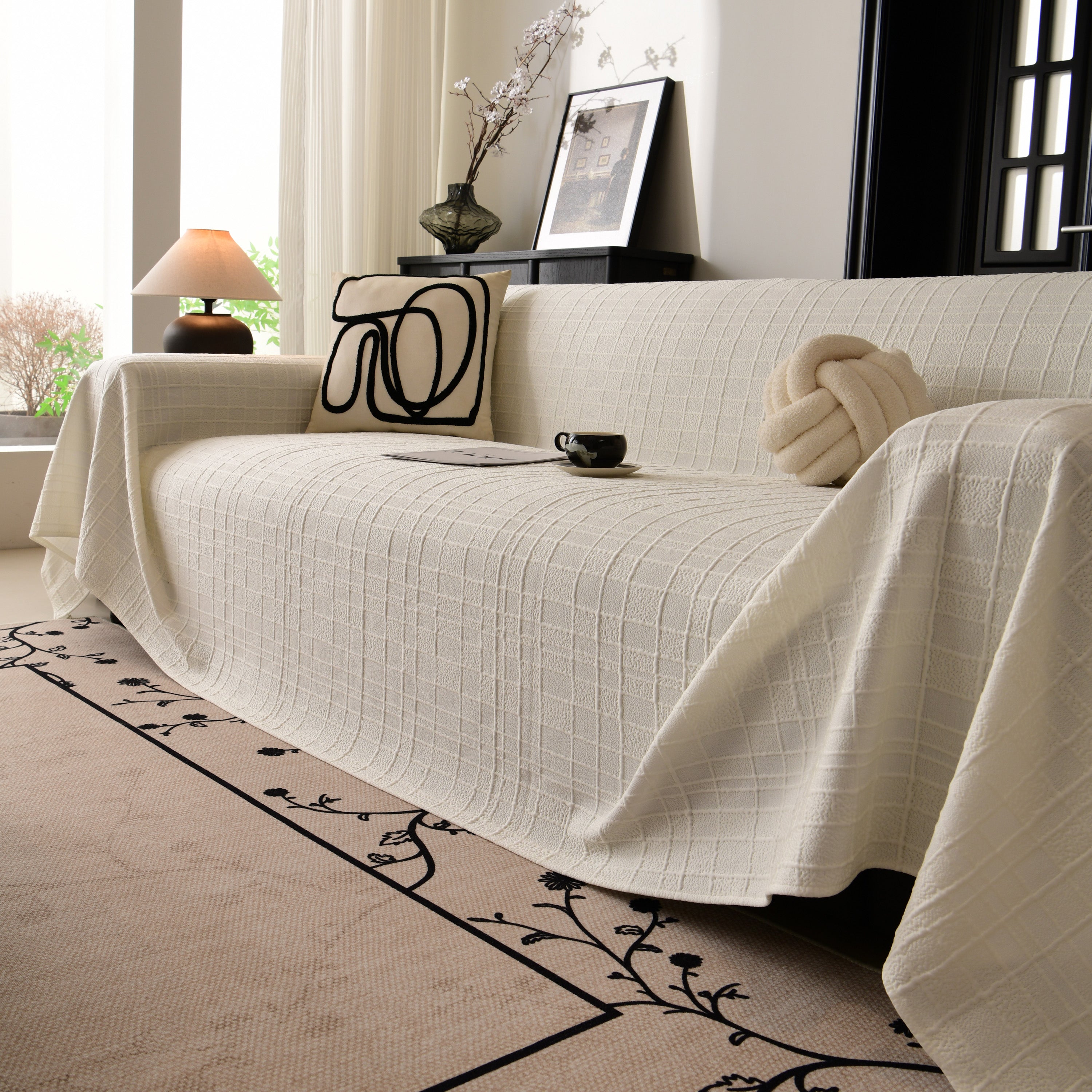 Sofa Cover Throw with Subtle Textured Stripes Lightweight Smooth Couch Slipcover