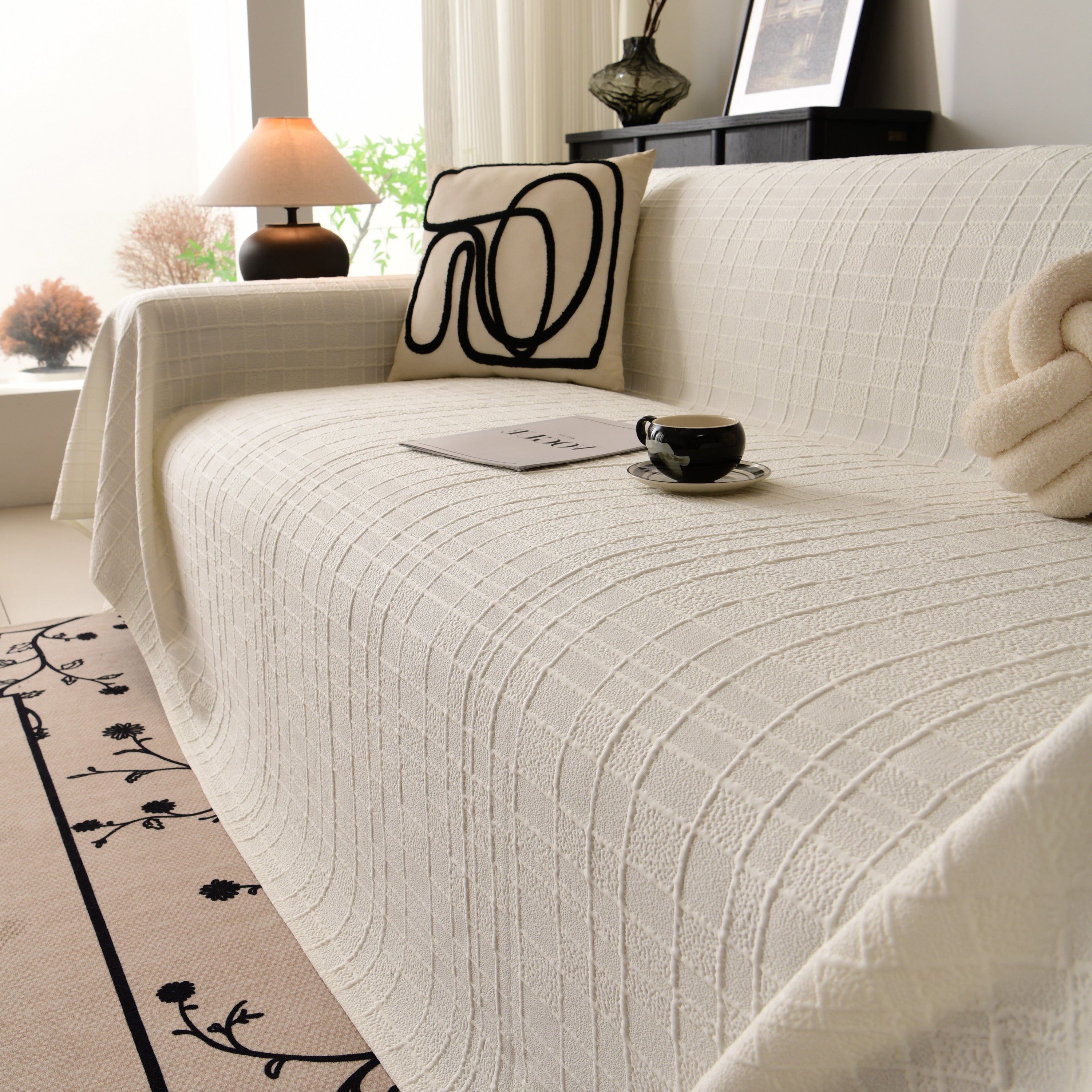 Sofa Cover Throw with Subtle Textured Stripes Lightweight Smooth Couch Slipcover