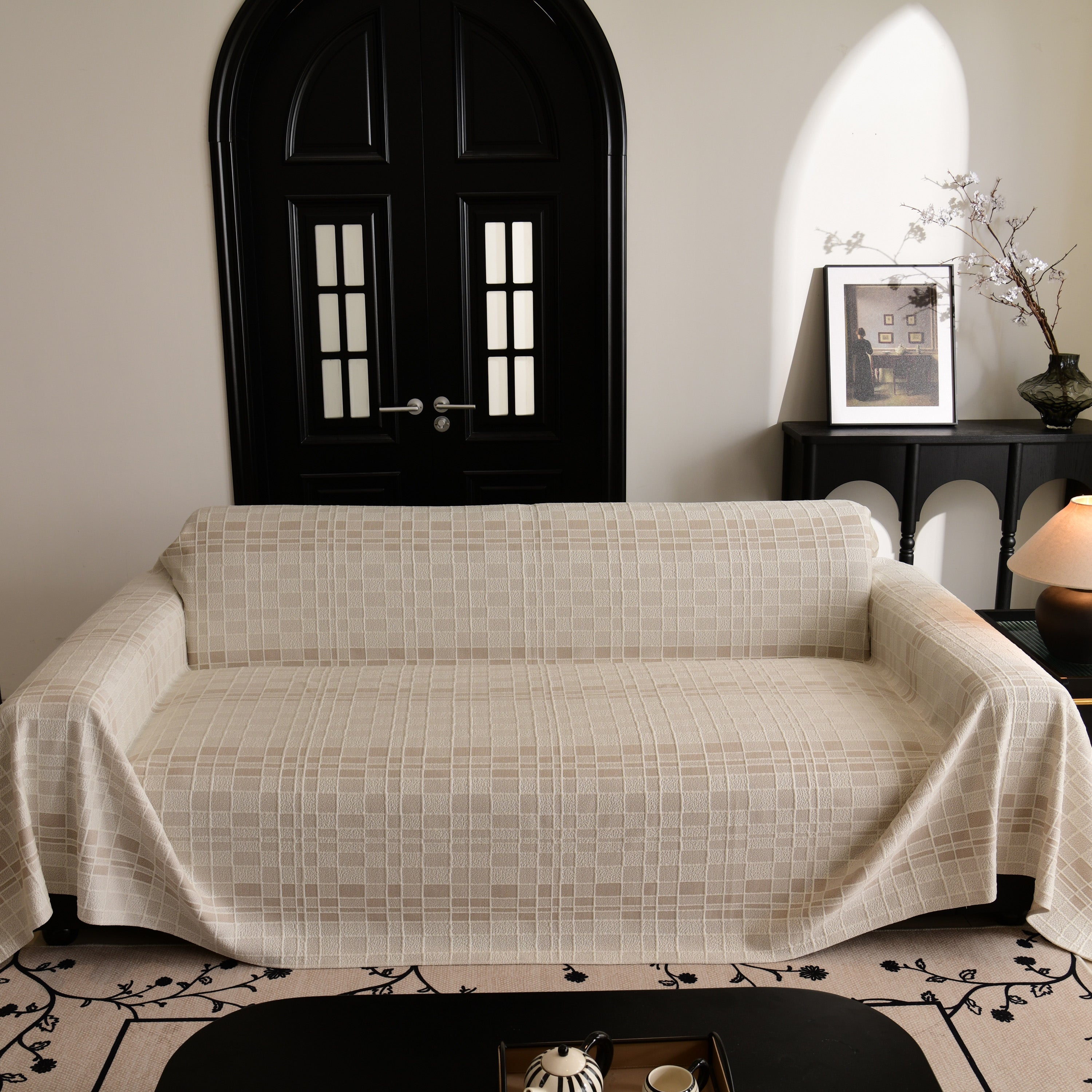 Sofa Cover Throw with Subtle Textured Stripes Lightweight Smooth Couch Slipcover