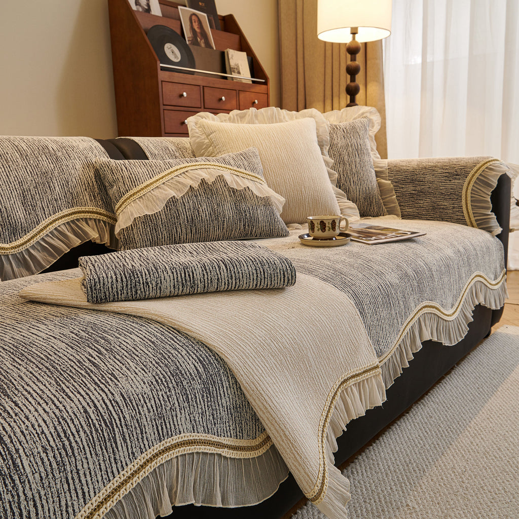 French Vintage Style Couch Cover with Skirt,  Non-Slip Sectional Furniture Covers