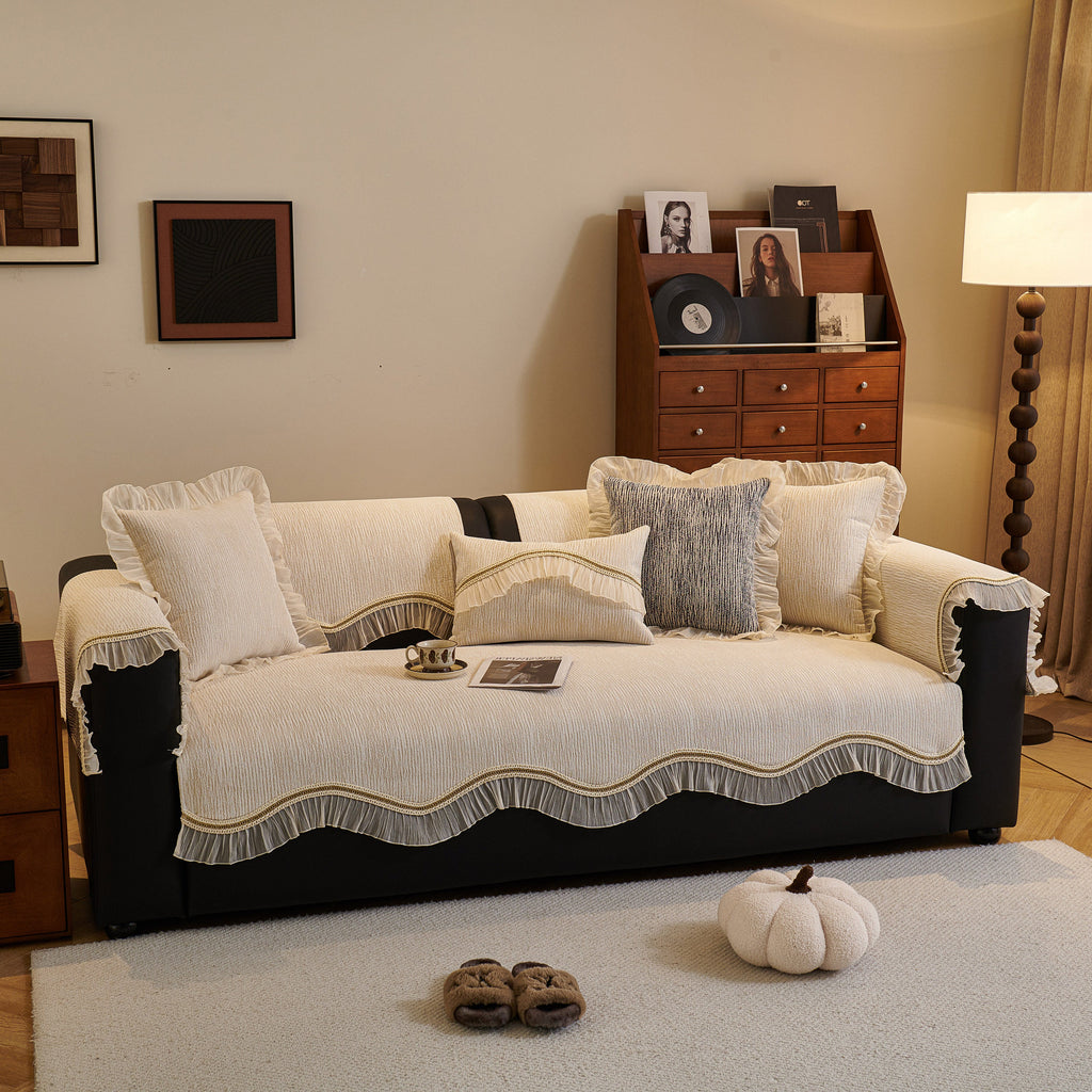 French Vintage Style Couch Cover with Skirt,  Non-Slip Sectional Furniture Covers