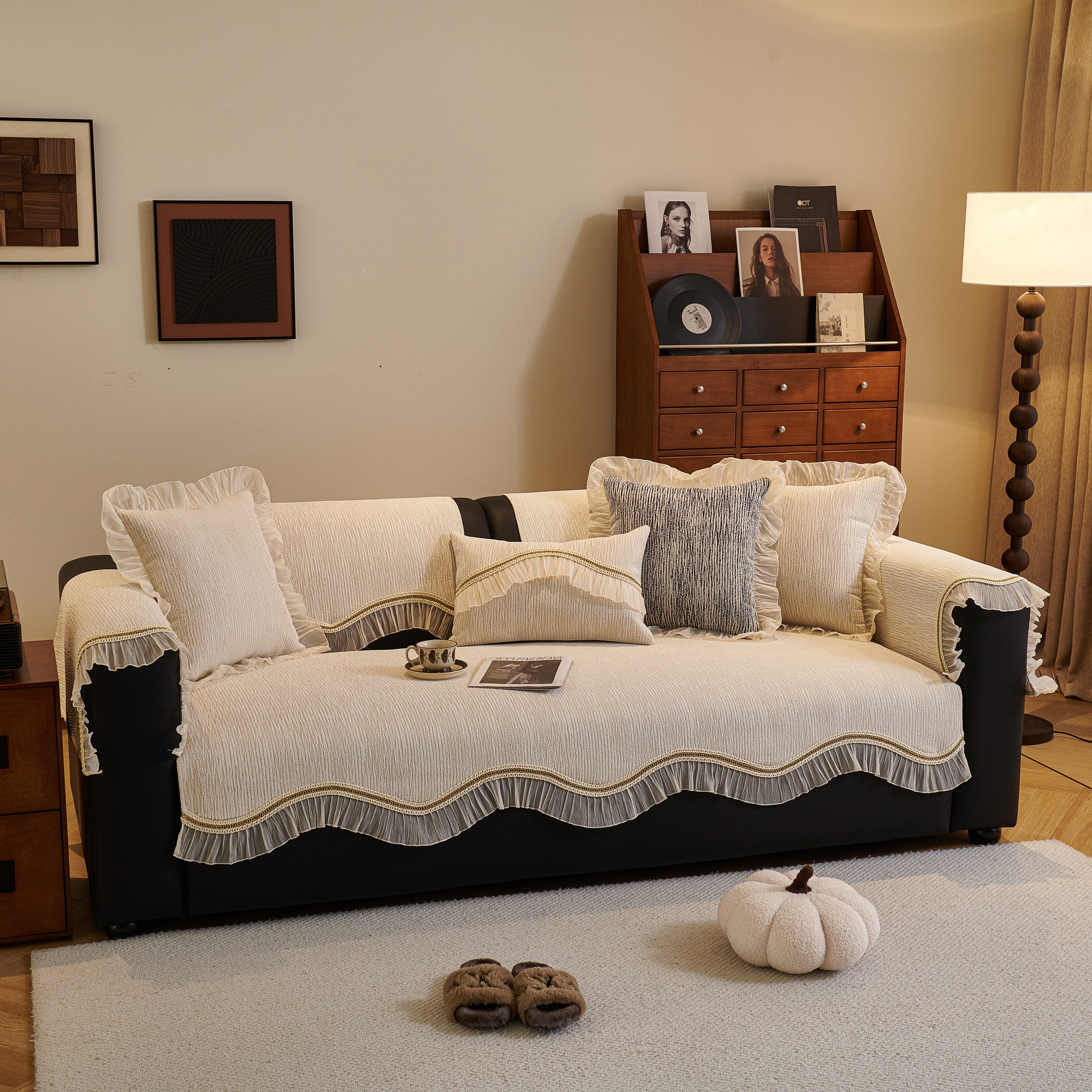 French Vintage Style Couch Cover with Skirt,  Non-Slip Sectional Furniture Covers