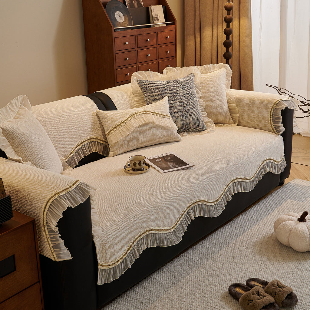 French Vintage Style Couch Cover with Skirt,  Non-Slip Sectional Furniture Covers