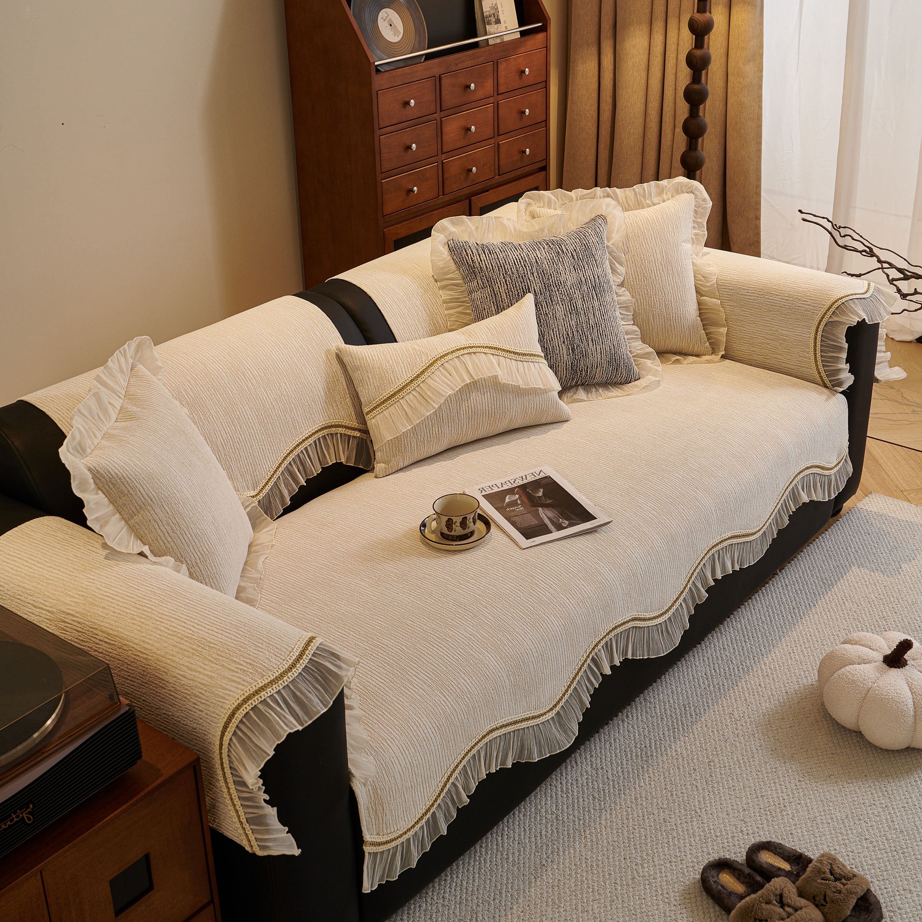 French Vintage Style Couch Cover with Skirt,  Non-Slip Sectional Furniture Covers