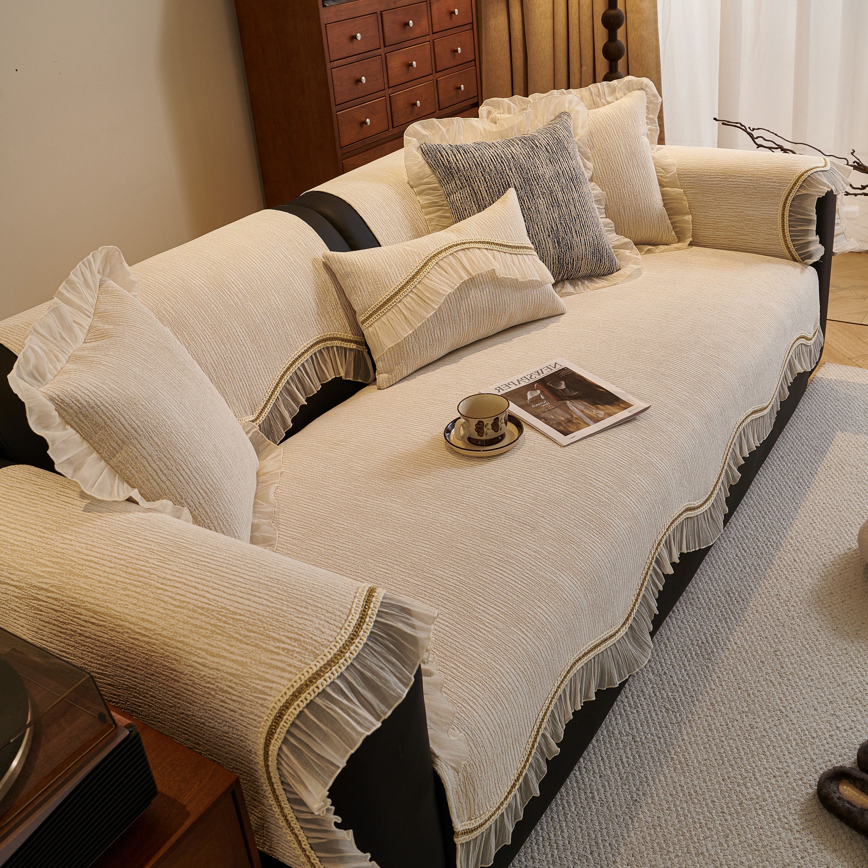 French Vintage Style Couch Cover with Skirt,  Non-Slip Sectional Furniture Covers