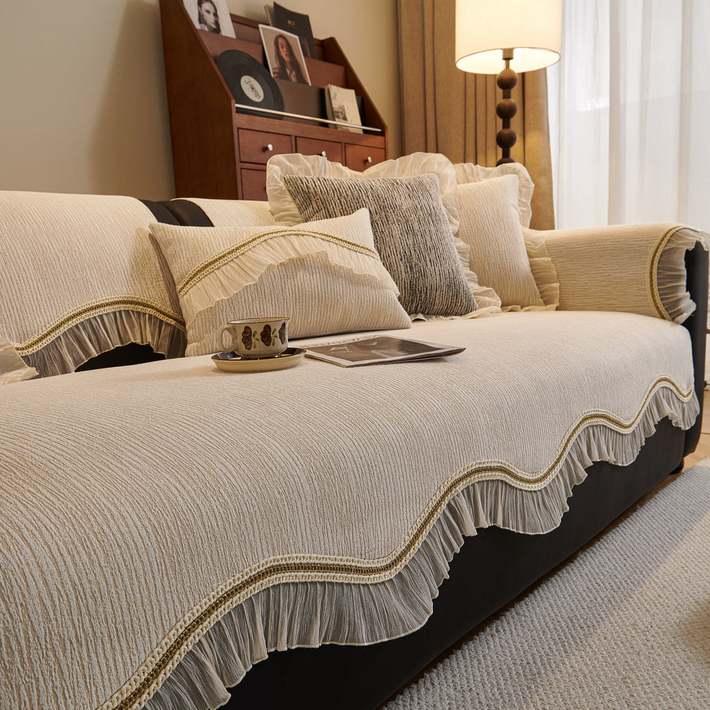 French Vintage Style Couch Cover with Skirt,  Non-Slip Sectional Furniture Covers