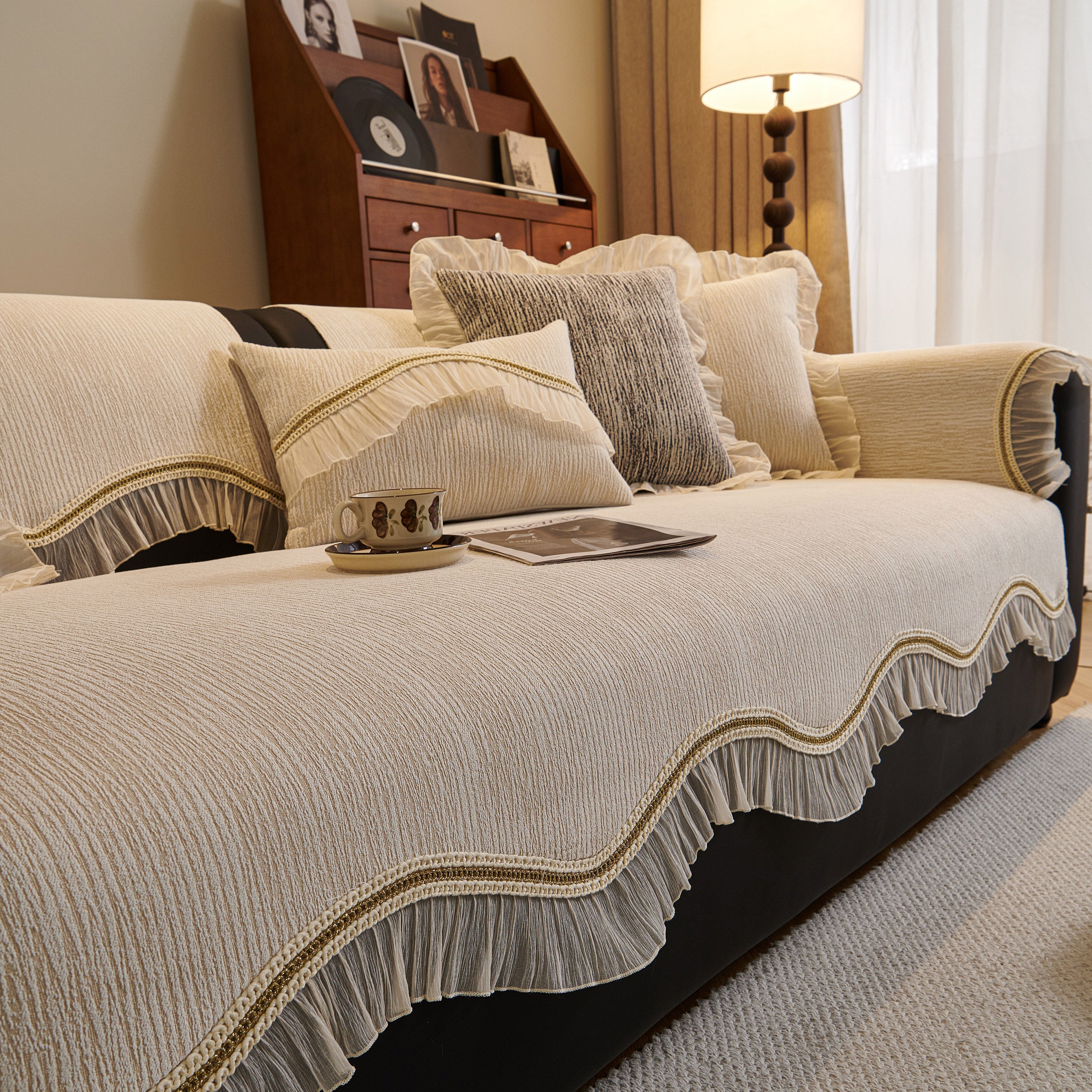 French Vintage Style Couch Cover with Skirt,  Non-Slip Sectional Furniture Covers