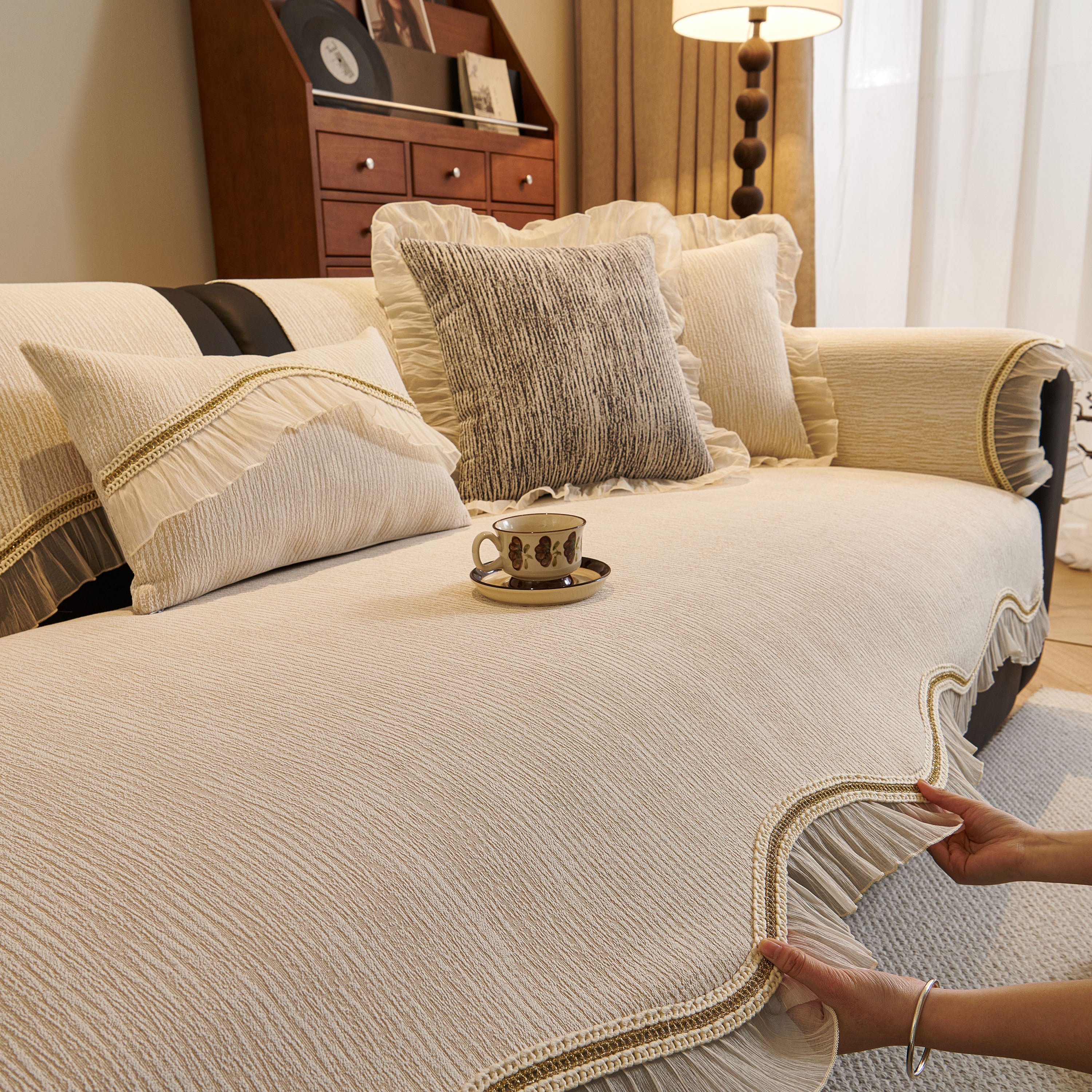 French Vintage Style Couch Cover with Skirt,  Non-Slip Sectional Furniture Covers