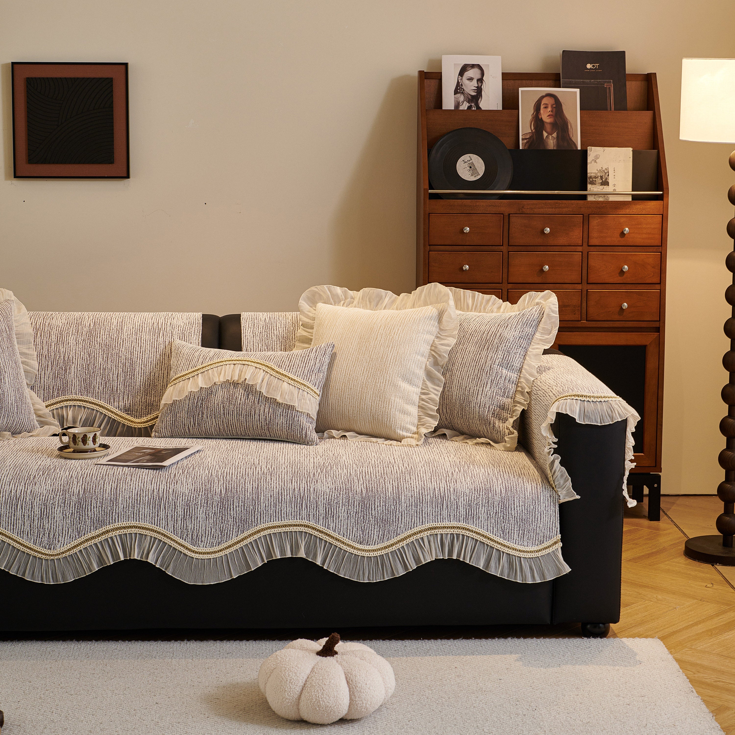 French Vintage Style Couch Cover with Skirt,  Non-Slip Sectional Furniture Covers