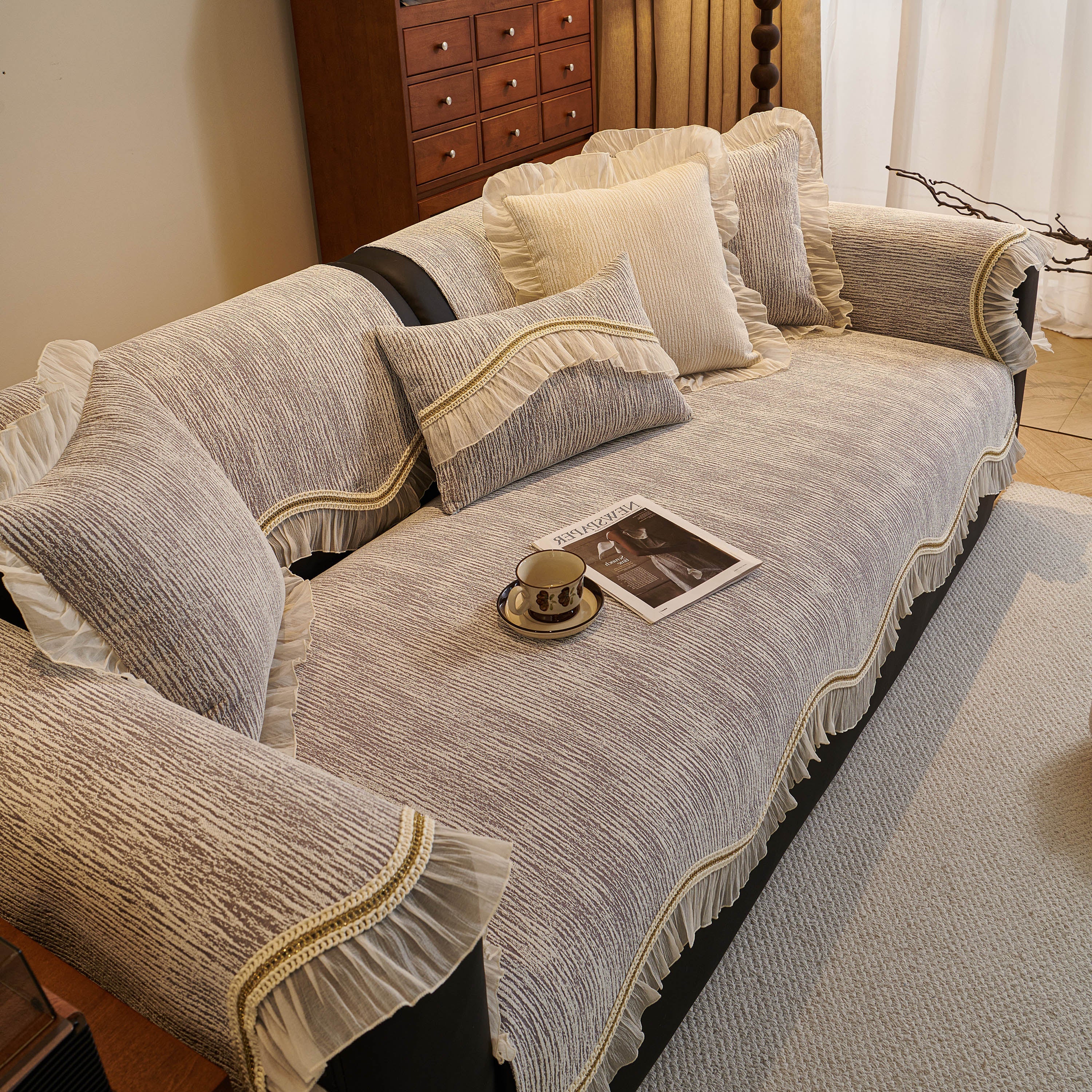 French Vintage Style Couch Cover with Skirt,  Non-Slip Sectional Furniture Covers