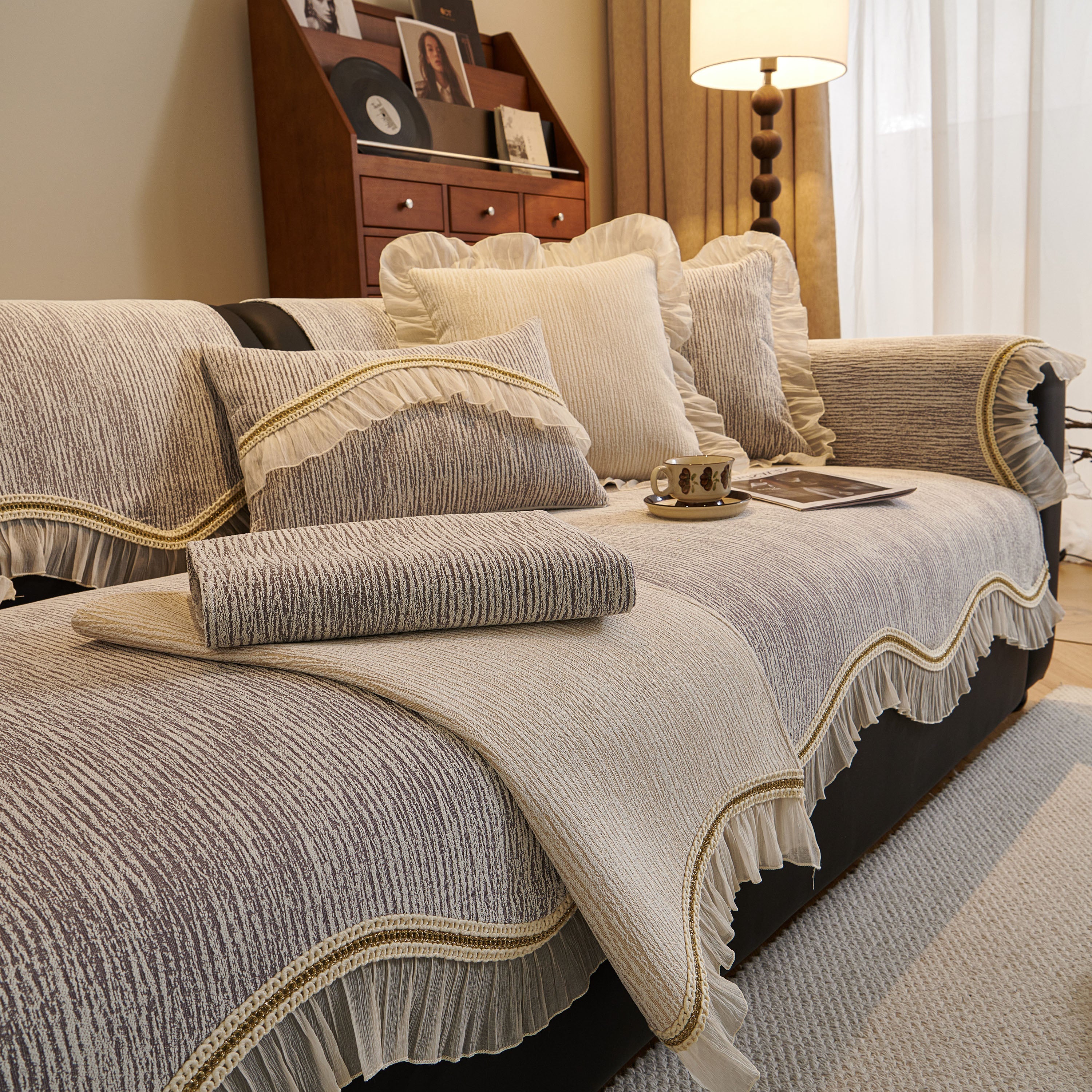 French Vintage Style Couch Cover with Skirt,  Non-Slip Sectional Furniture Covers