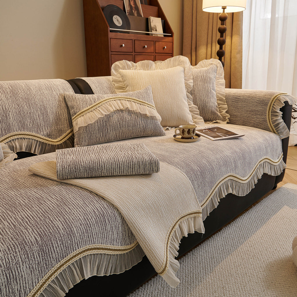 French Vintage Style Couch Cover with Skirt,  Non-Slip Sectional Furniture Covers