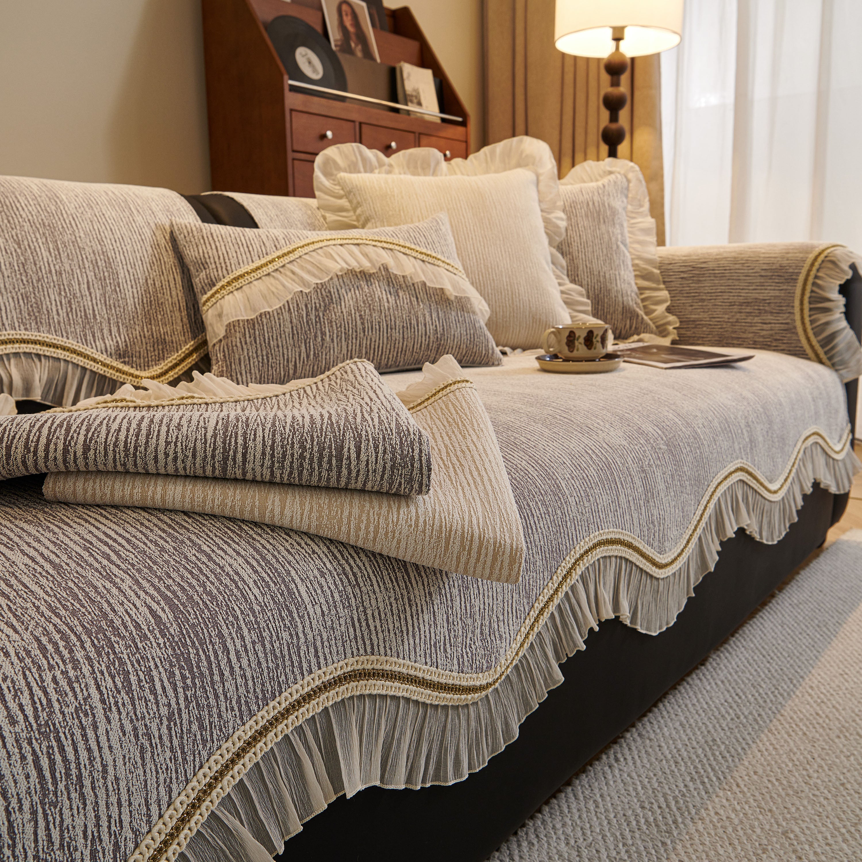 French Vintage Style Couch Cover with Skirt,  Non-Slip Sectional Furniture Covers