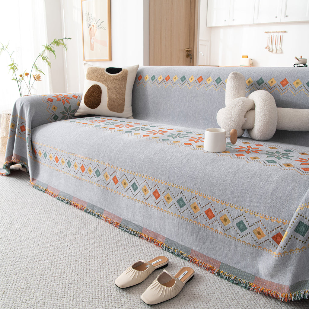 Bohemian Geometric Sofa Throw Cover, Cozy & Protective Ethnic-Inspired Couch Cover