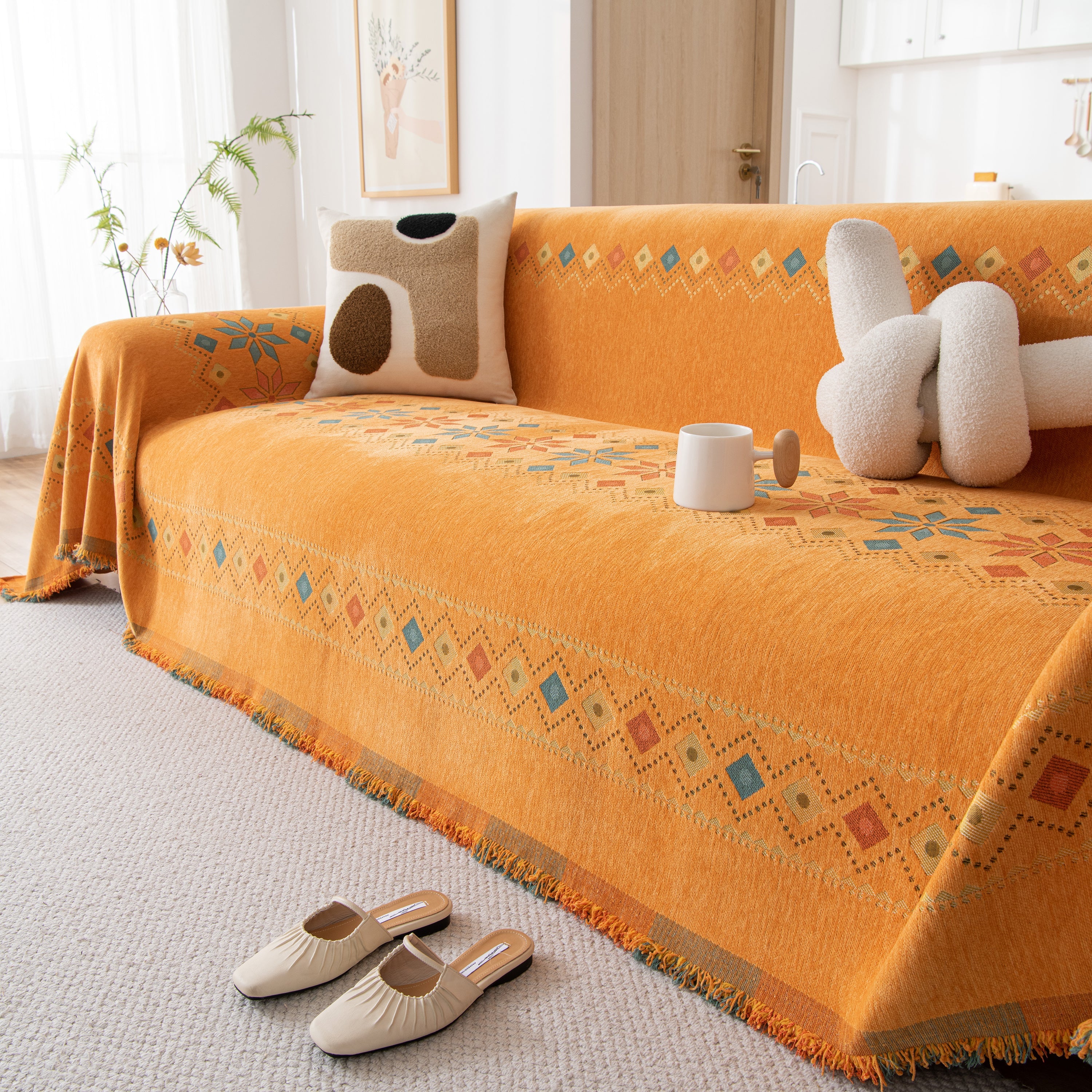 Bohemian Geometric Sofa Throw Cover, Cozy & Protective Ethnic-Inspired Couch Cover