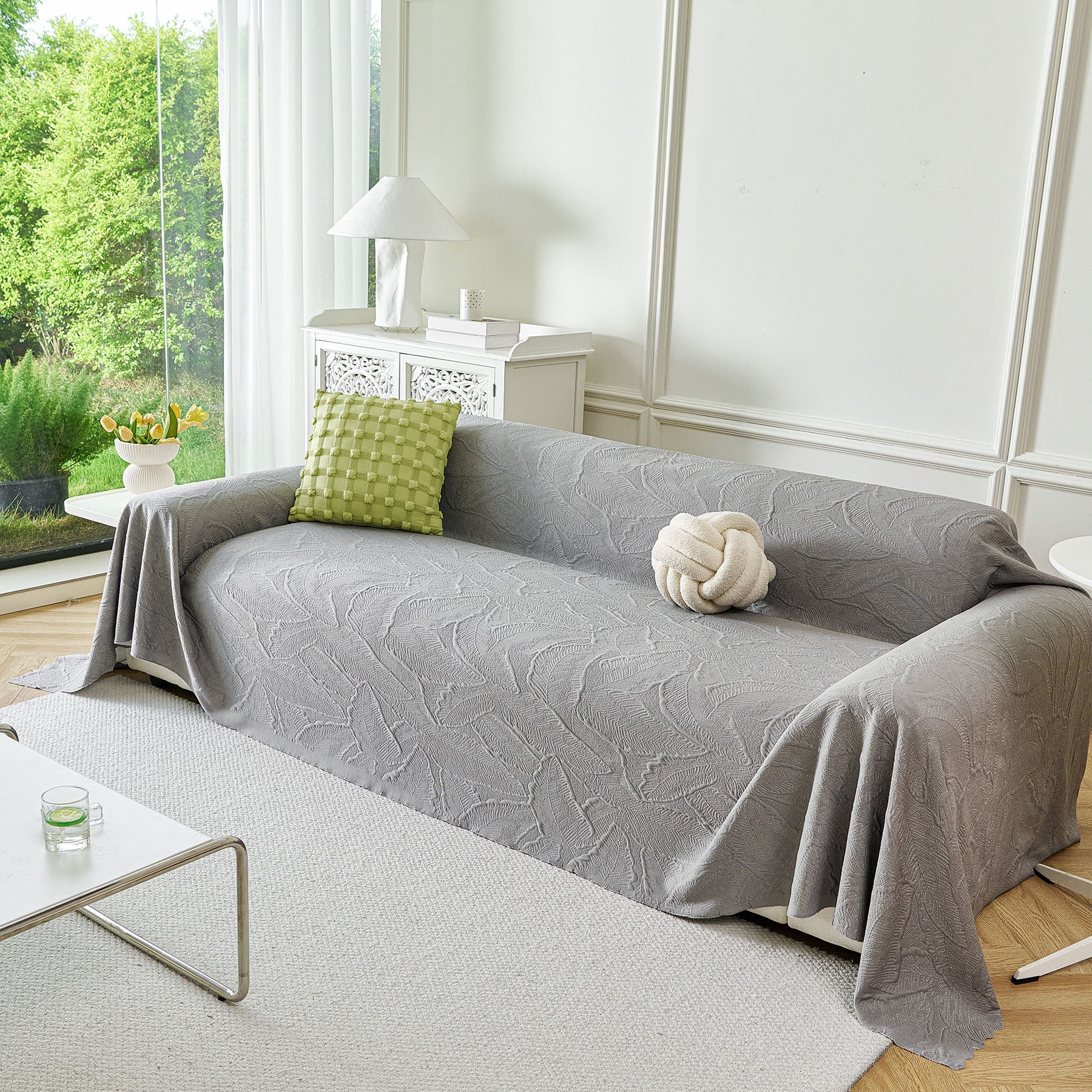 Embossed Leaf Pattern Sofa Cover Blanket for Couch, Soft Cooling Textured Couch Cover