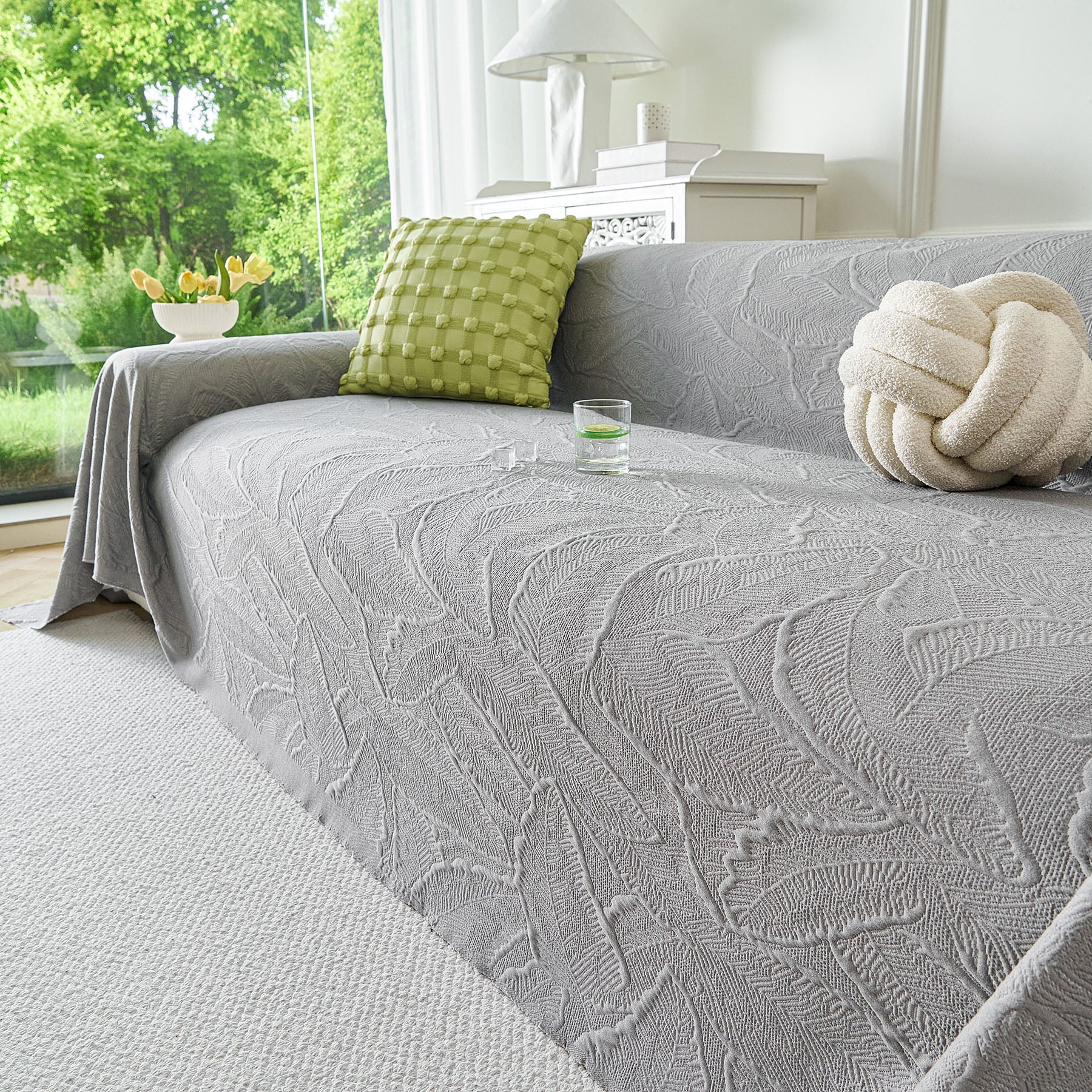 Embossed Leaf Pattern Sofa Cover Blanket for Couch, Soft Cooling Textured Couch Cover