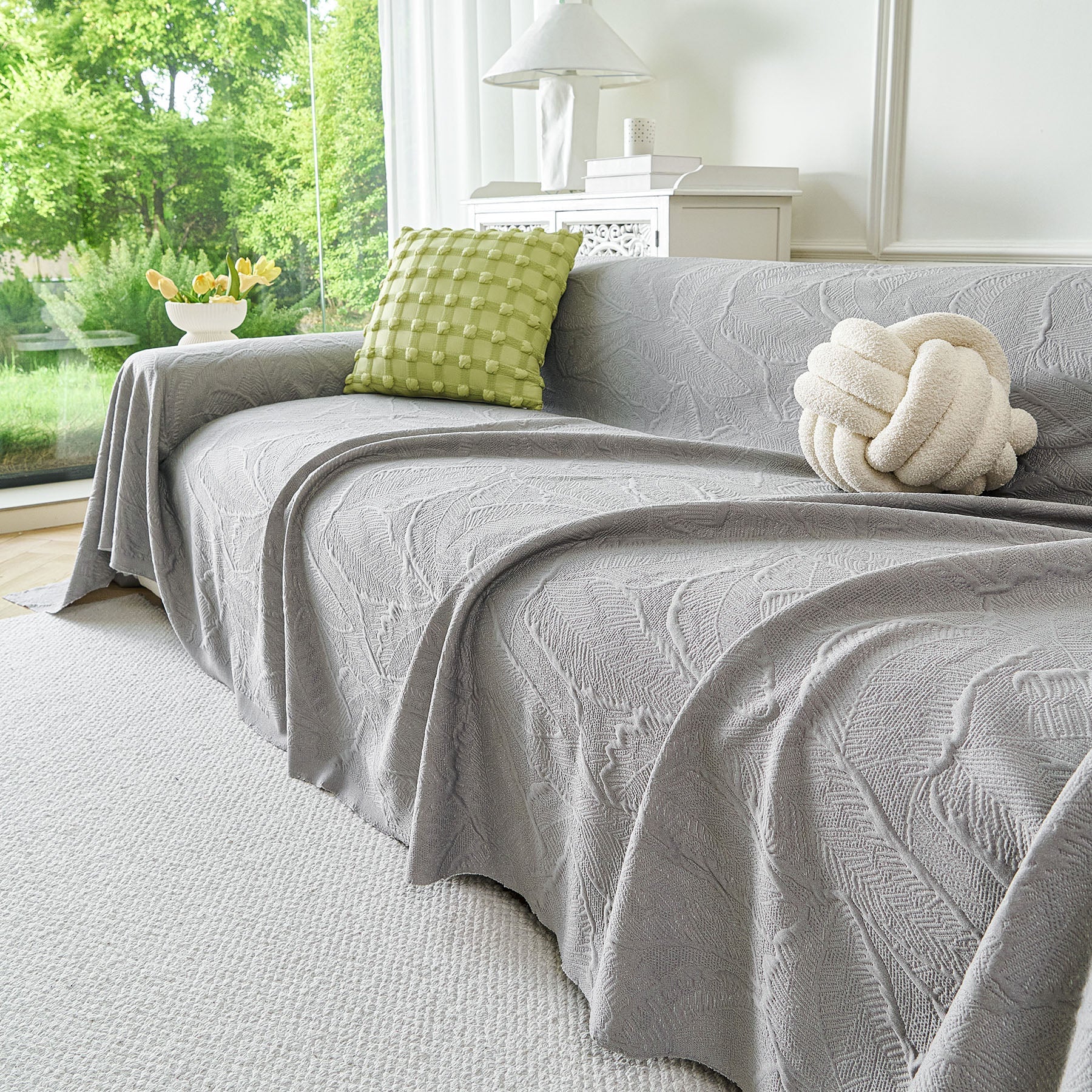 Embossed Leaf Pattern Sofa Cover Blanket for Couch, Soft Cooling Textured Couch Cover