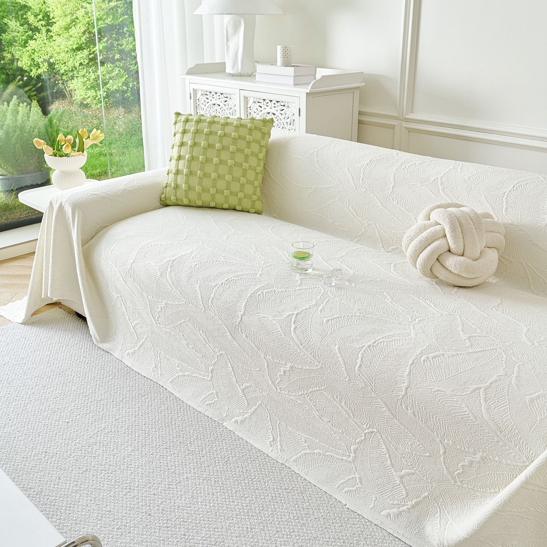 Embossed Leaf Pattern Sofa Cover Blanket for Couch, Soft Cooling Textured Couch Cover