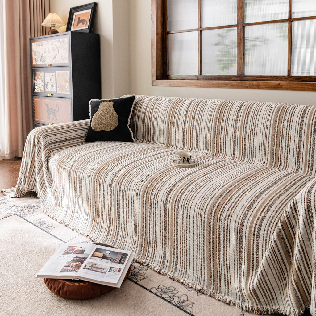 Luxury Cozy Chenille Sofa Cover Throw, Elegant Striped Soft Textured Couch Blanket