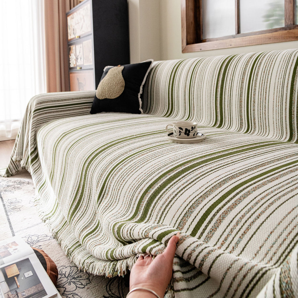 Luxury Cozy Chenille Sofa Cover Throw, Elegant Striped Soft Textured Couch Blanket