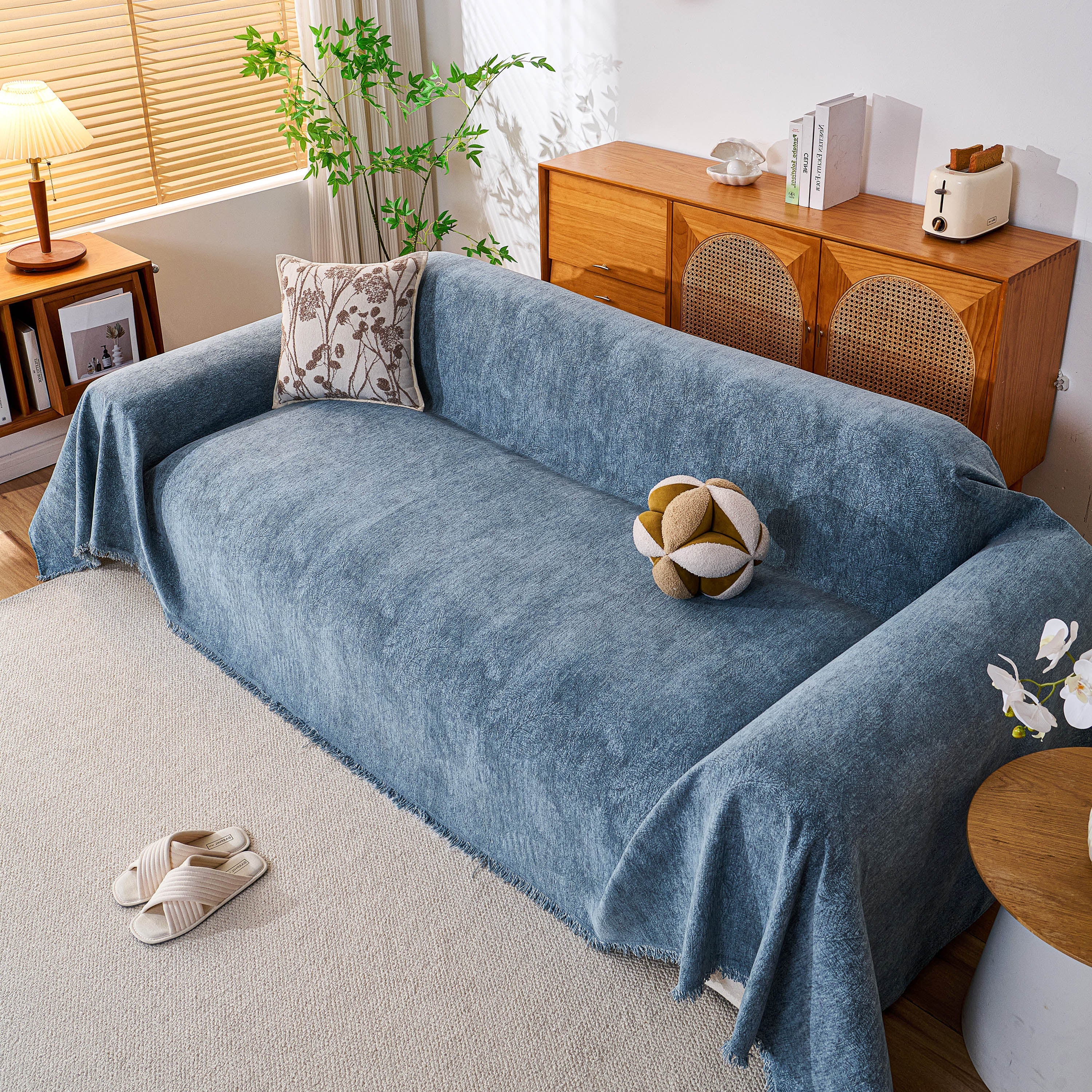 Cozy Textured Couch Protector with Fringe, Universal Soft Slipcover for Couch Sofa Bed