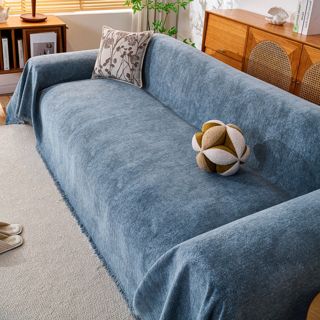Cozy Textured Couch Protector with Fringe, Universal Soft Slipcover for Couch Sofa Bed