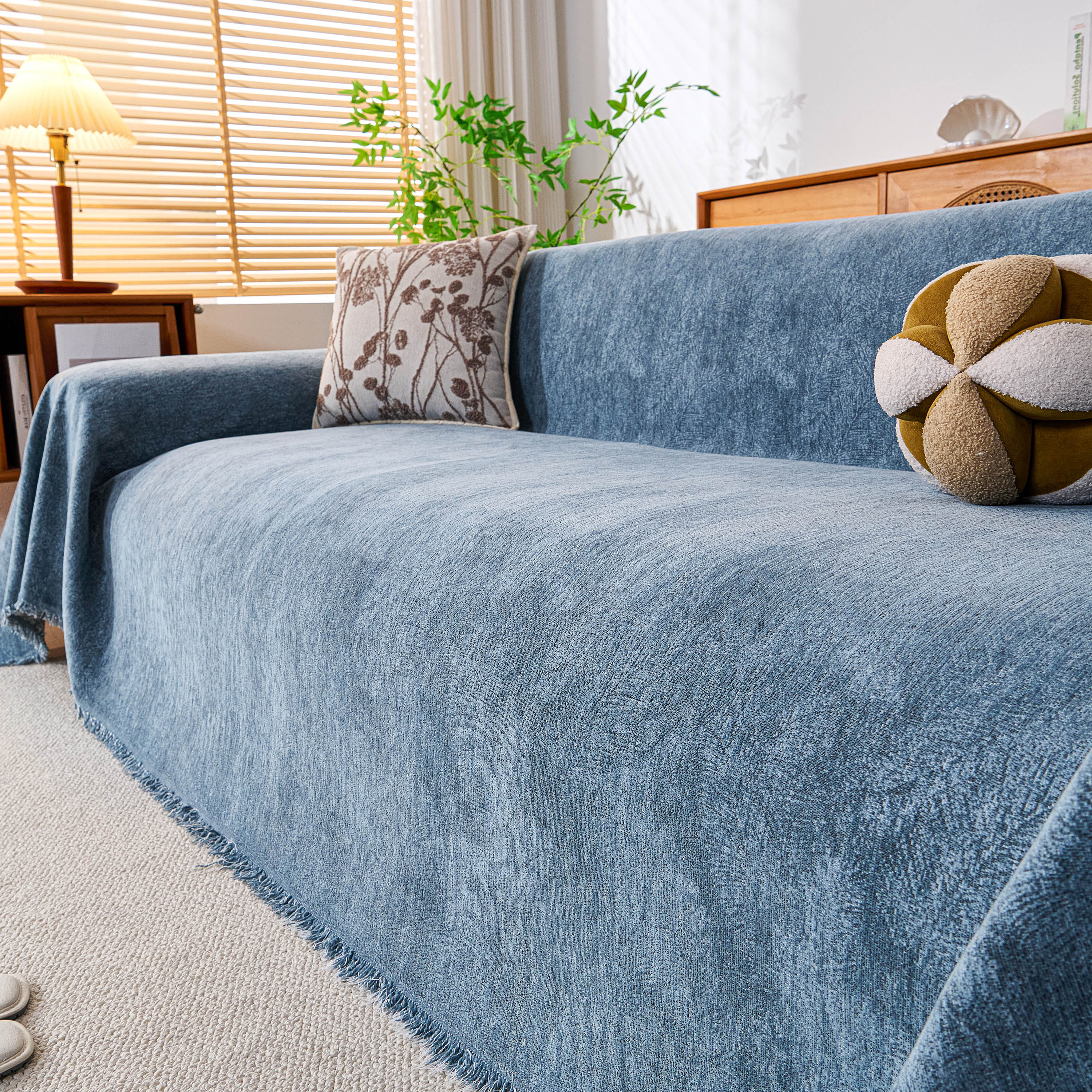 Cozy Textured Couch Protector with Fringe, Universal Soft Slipcover for Couch Sofa Bed