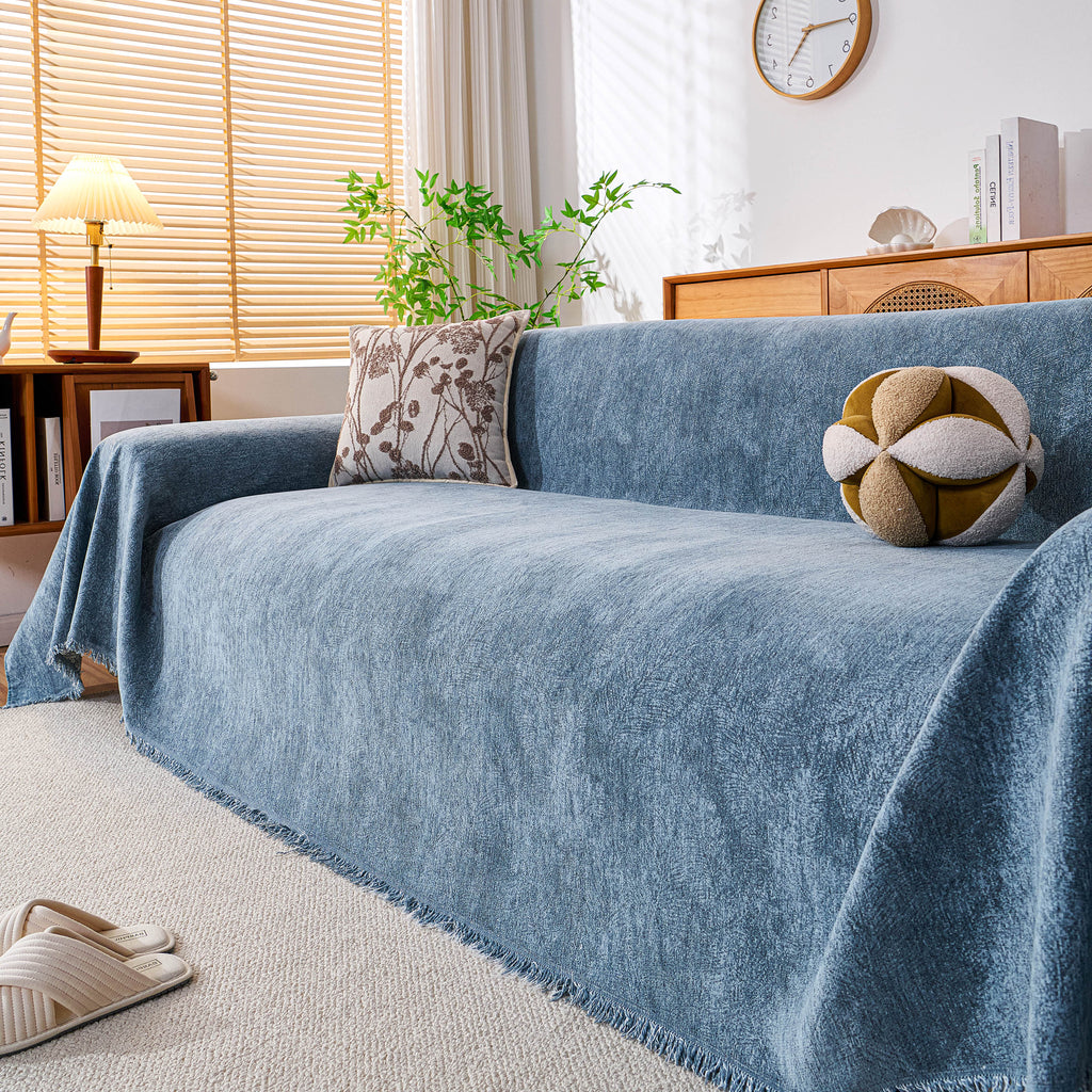 Cozy Textured Couch Protector with Fringe, Universal Soft Slipcover for Couch Sofa Bed