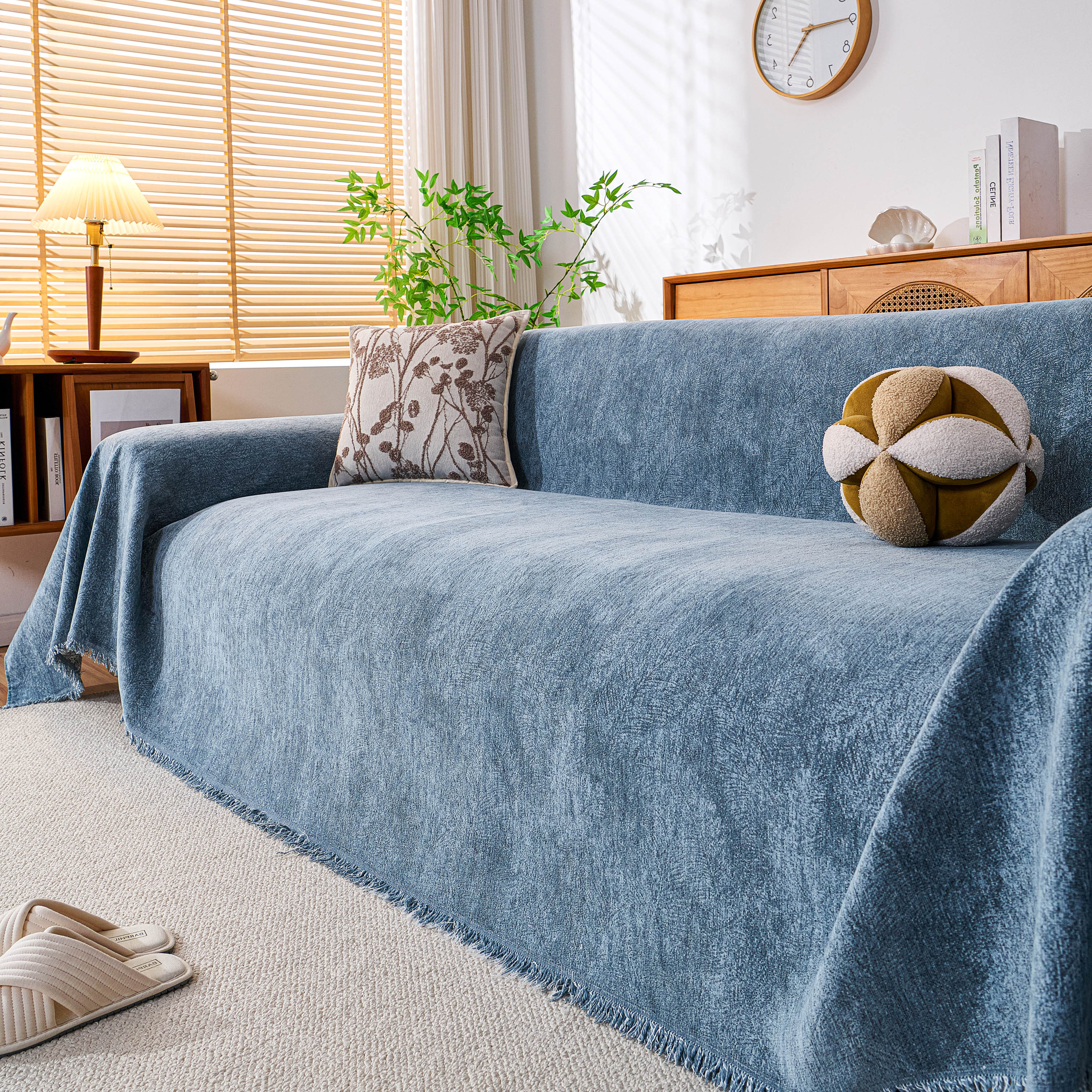 Cozy Textured Couch Protector with Fringe, Universal Soft Slipcover for Couch Sofa Bed