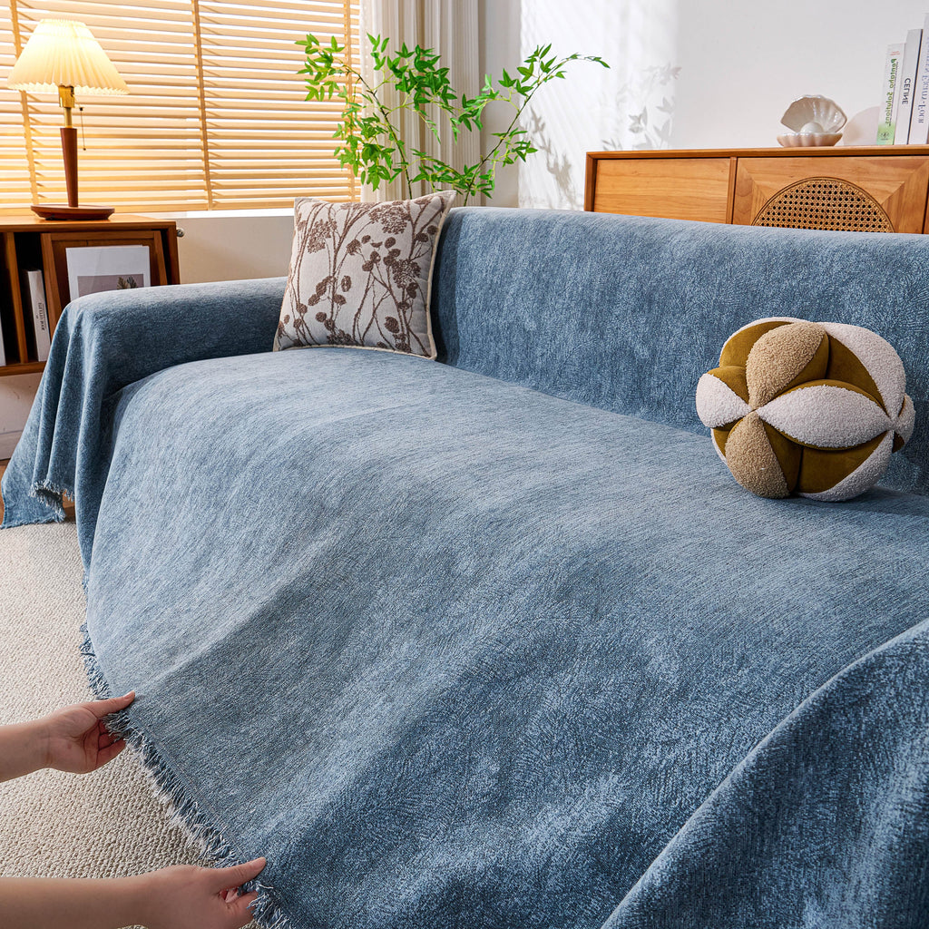 Cozy Textured Couch Protector with Fringe, Universal Soft Slipcover for Couch Sofa Bed