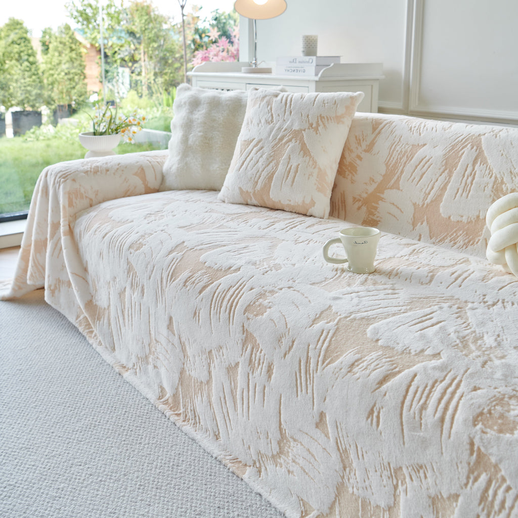 Plush Faux Fur Warm Sofa Cover with Waves Jacquard Textured Throw Blankets for Couch