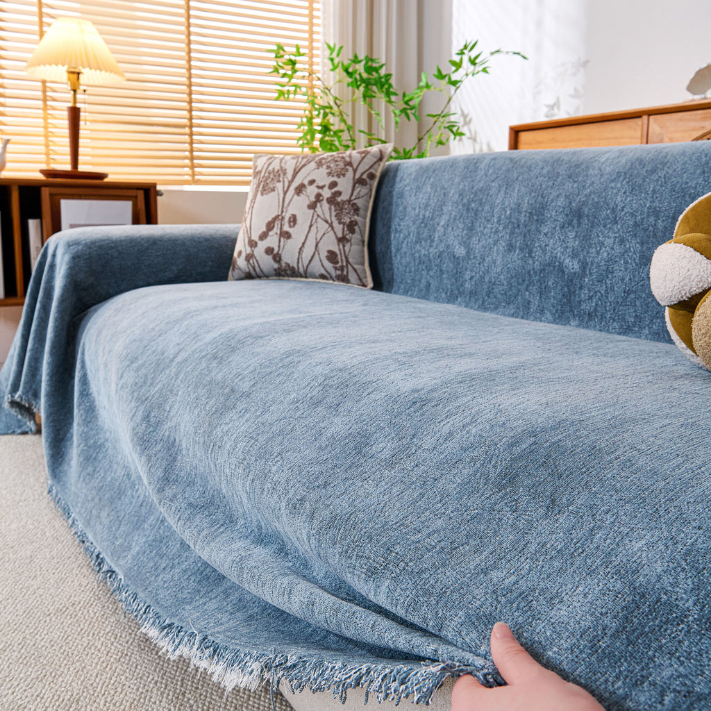 Cozy Textured Couch Protector with Fringe, Universal Soft Slipcover for Couch Sofa Bed